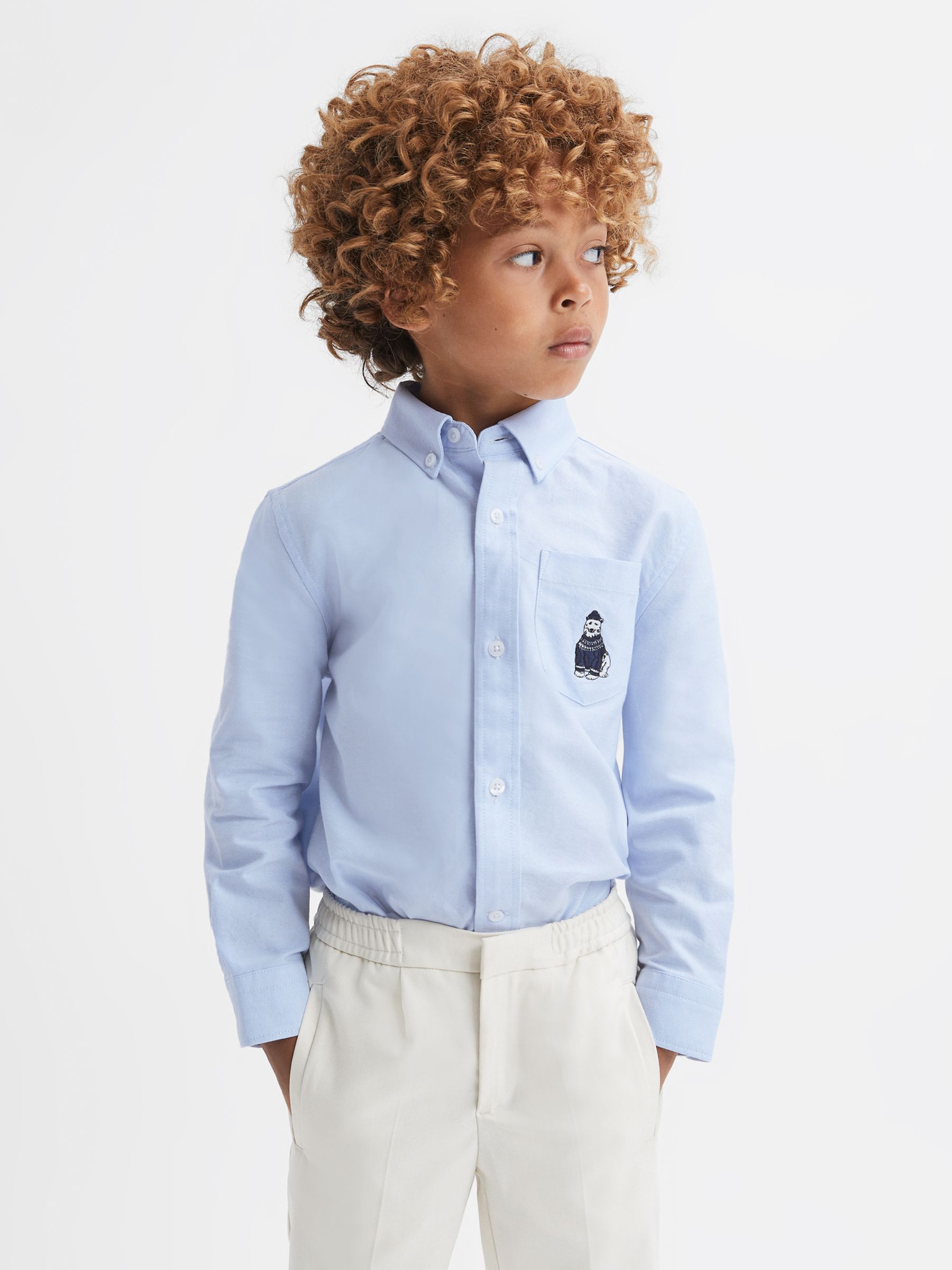Junior Slim Fit Button-Down Collar Motif Shirt in Soft Blue - Image 1 of 5