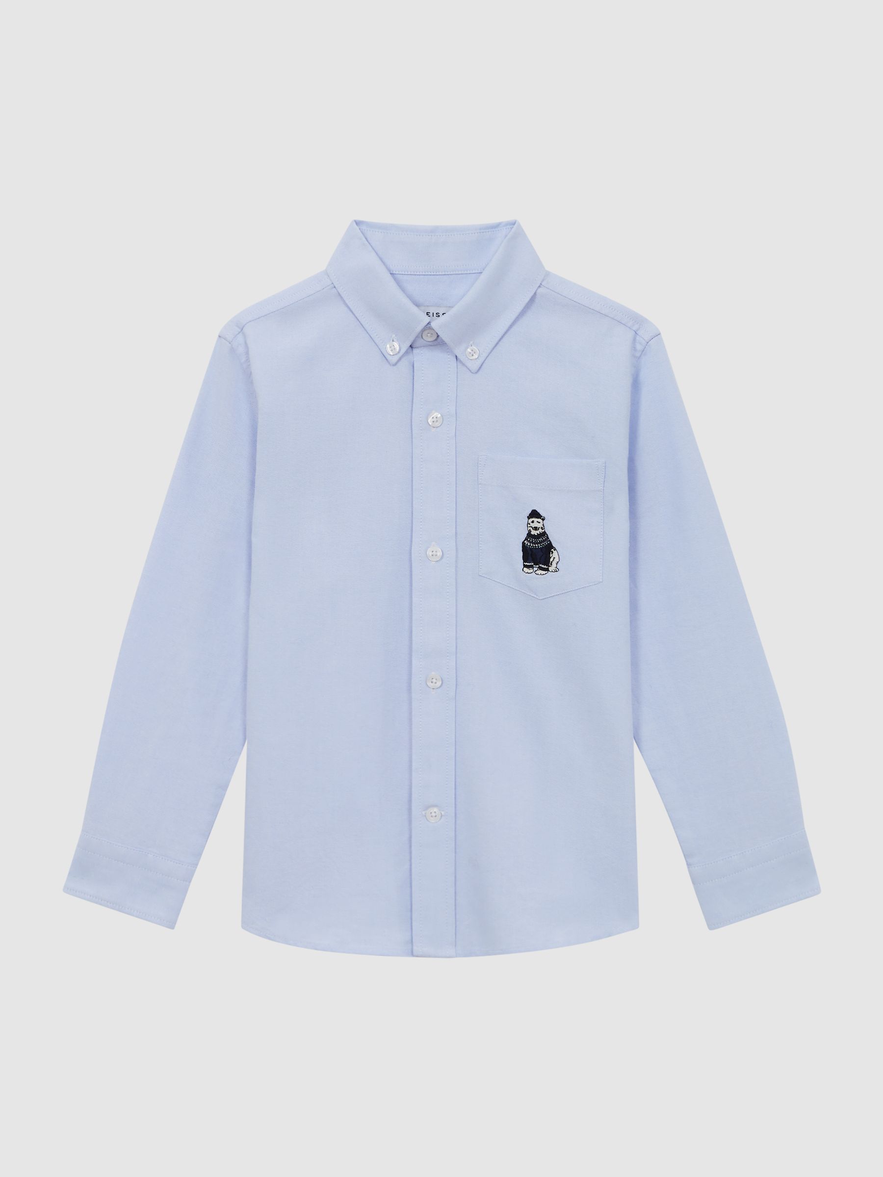 Junior Slim Fit Button-Down Collar Motif Shirt in Soft Blue - Image 2 of 5