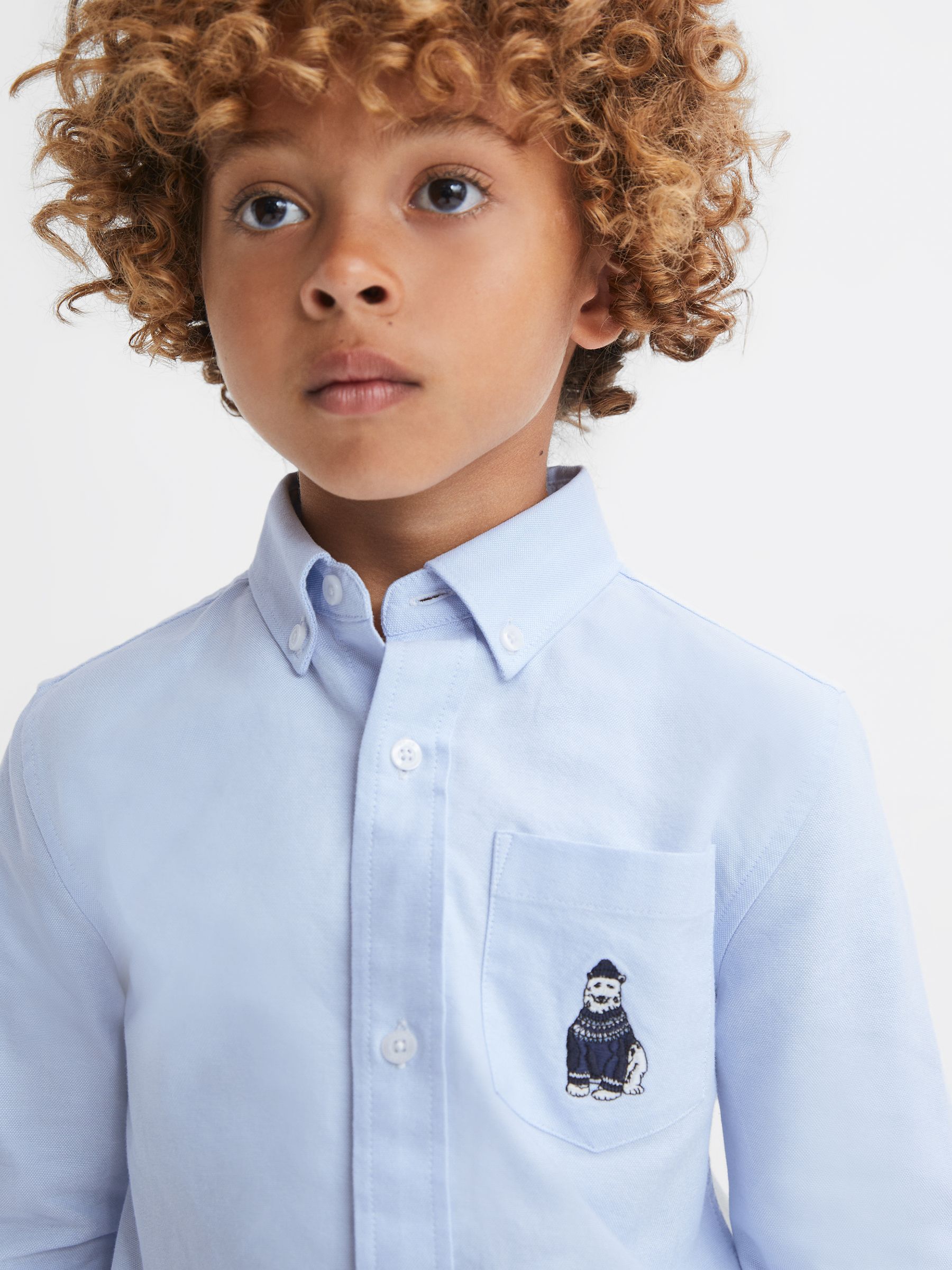 Junior Slim Fit Button-Down Collar Motif Shirt in Soft Blue - Image 3 of 5