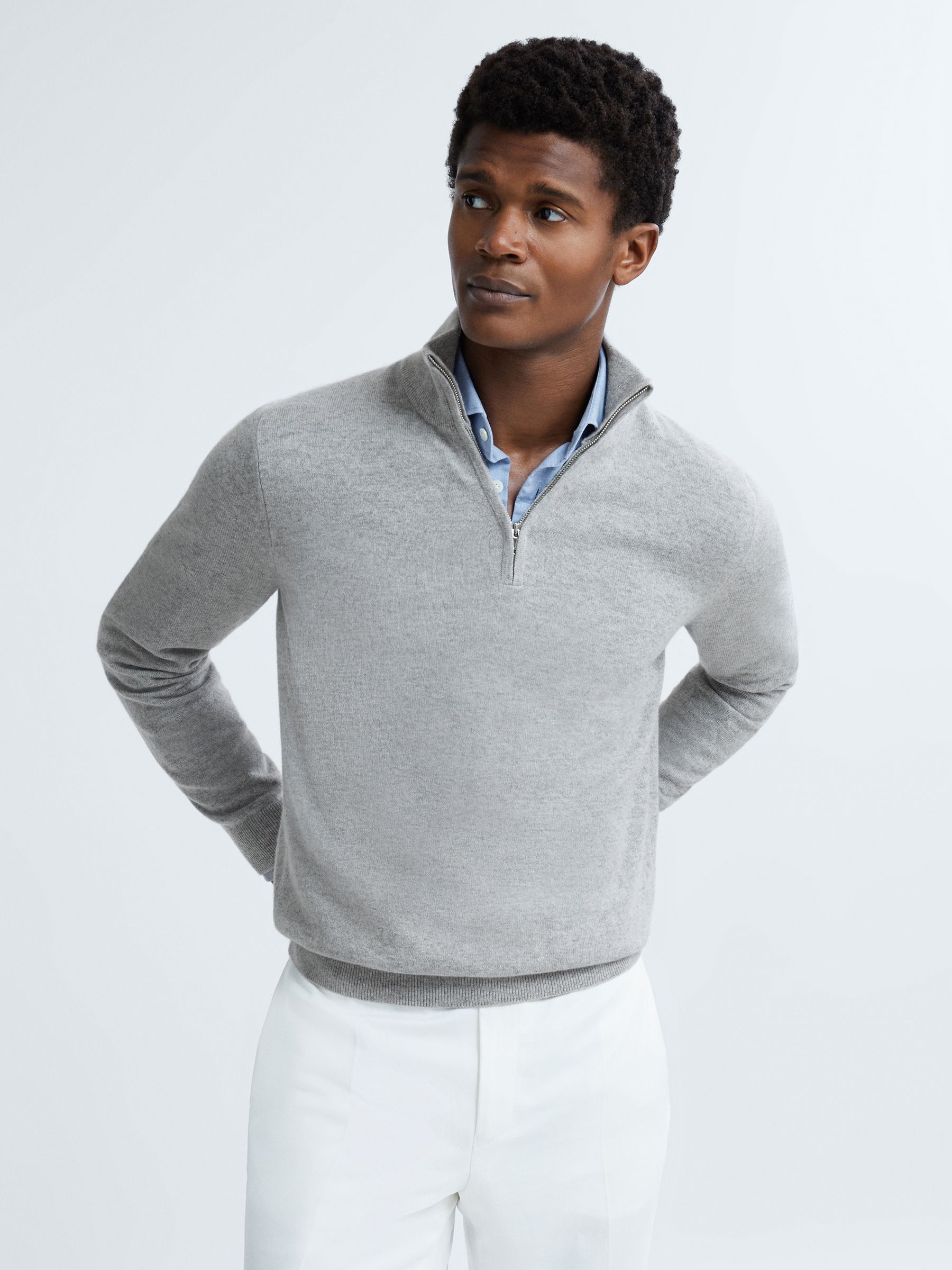 Atelier Cashmere Half-Zip Funnel Neck Jumper in Soft Grey Melange - Image 1 of 7