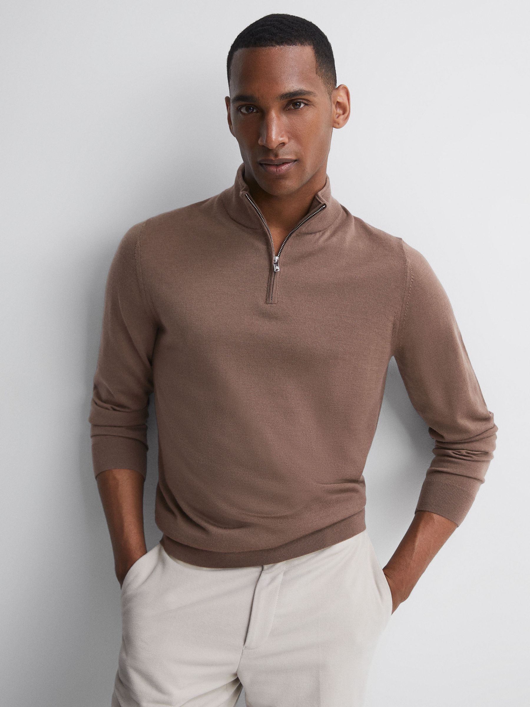 Merino Wool Half-Zip Funnel Neck Jumper in Brown Sugar - Image 1 of 4