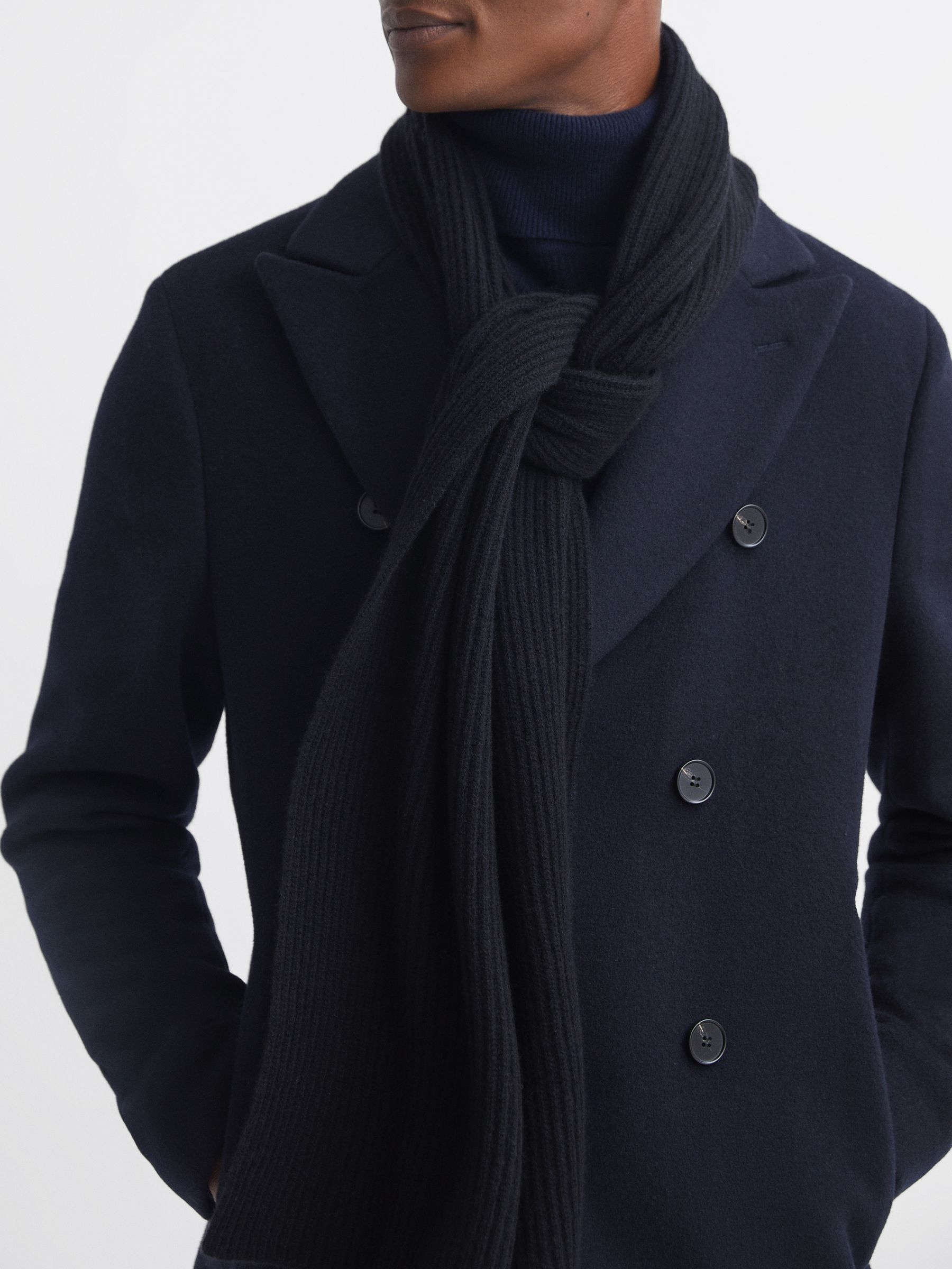 Cashmere Ribbed Scarf in Navy - Image 2 of 4
