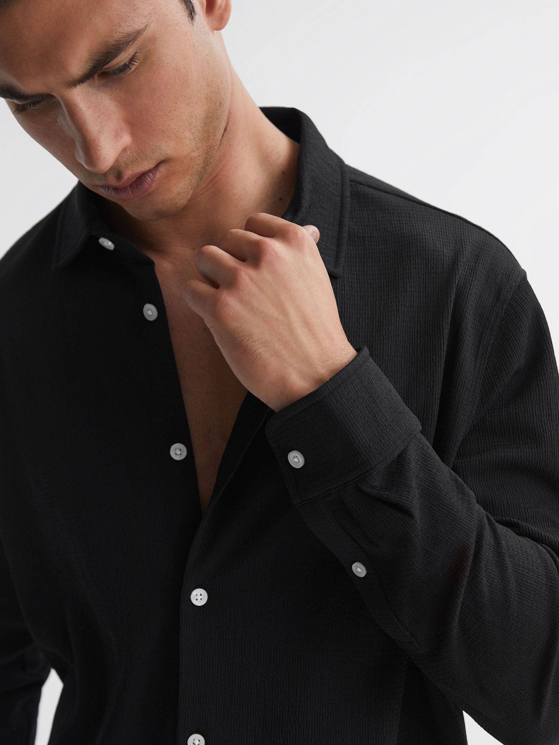 Textured Button-Through Shirt in Black - Image 1 of 4 Textured Button-Through Shirt in Black - Image 1 of 4