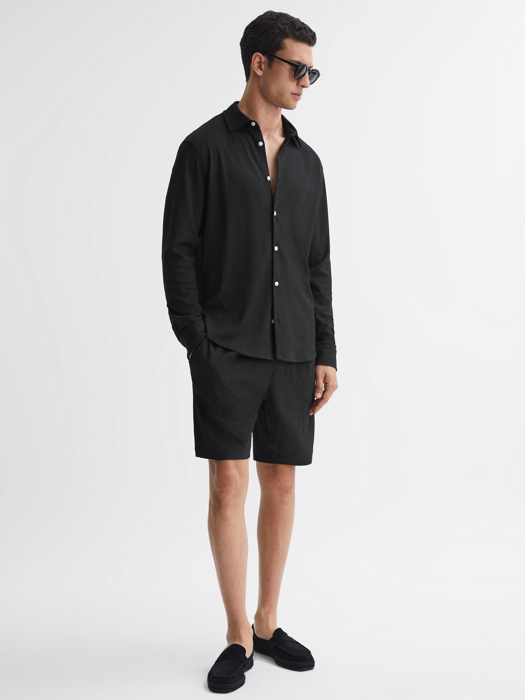 Textured Button-Through Shirt in Black - Image 3 of 4