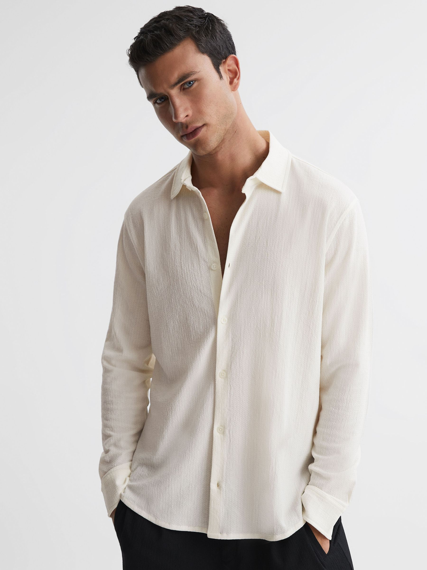 Textured Button-Through Shirt in Ecru - Image 3 of 4