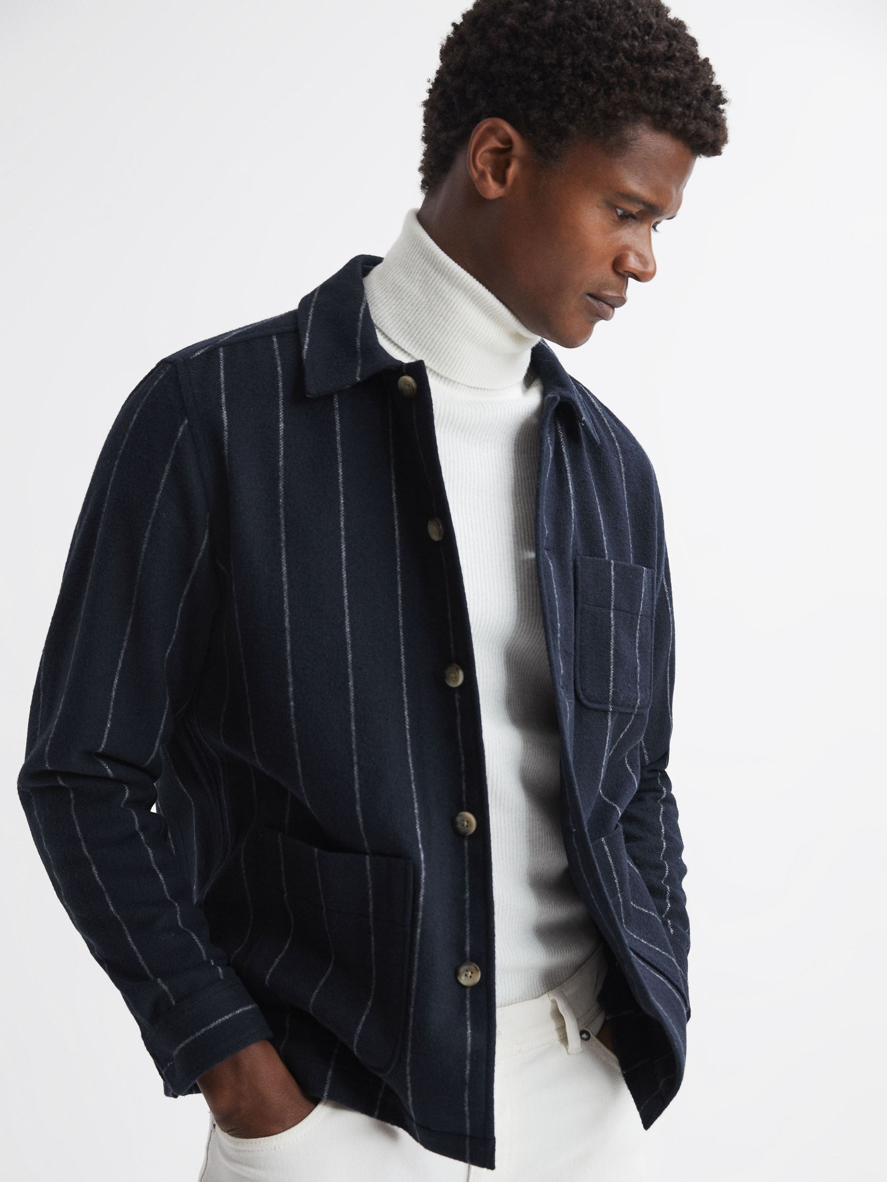 Brushed Striped Overshirt in Navy - Image 1 of 5