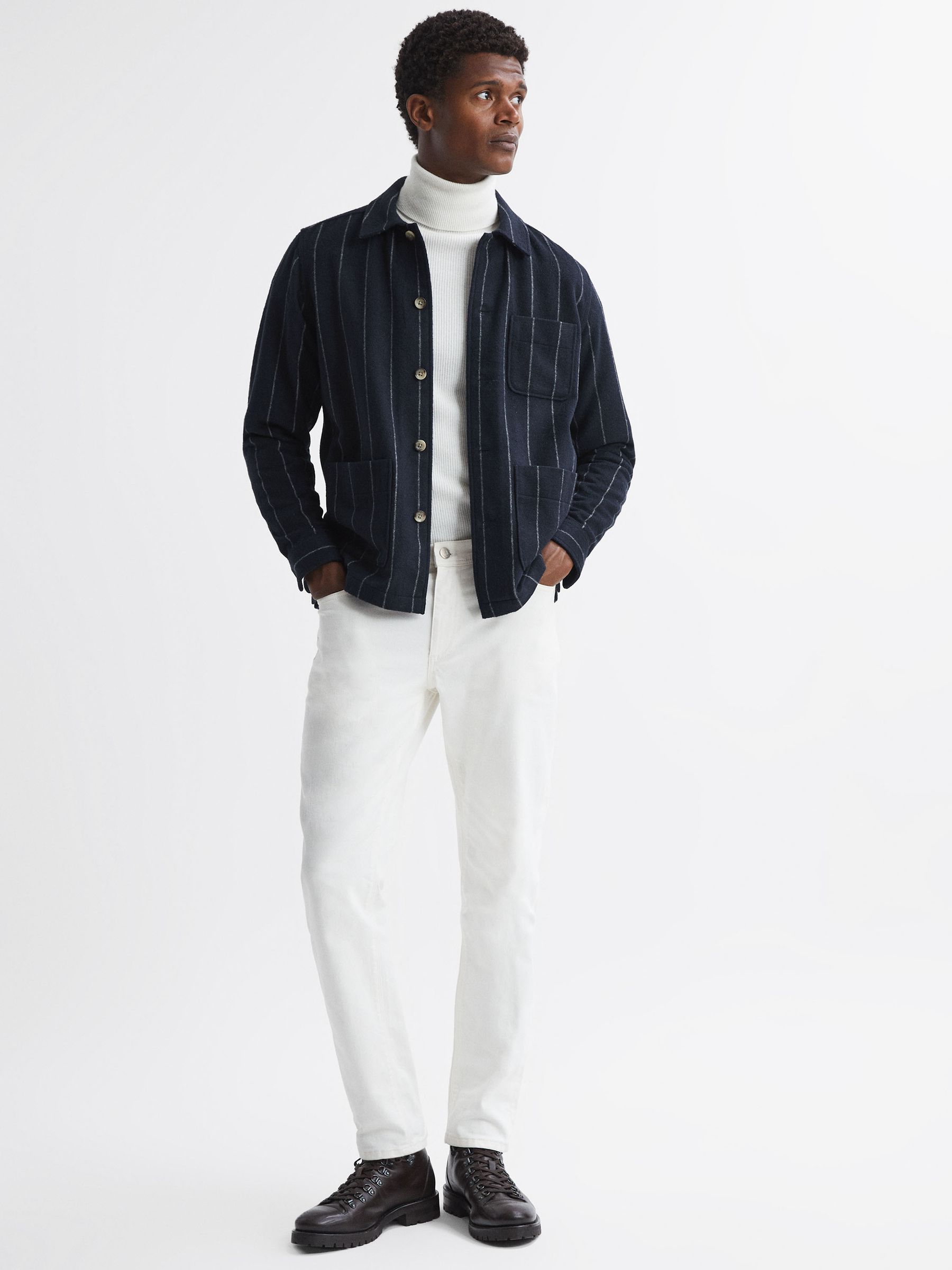 Brushed Striped Overshirt in Navy - Image 4 of 5