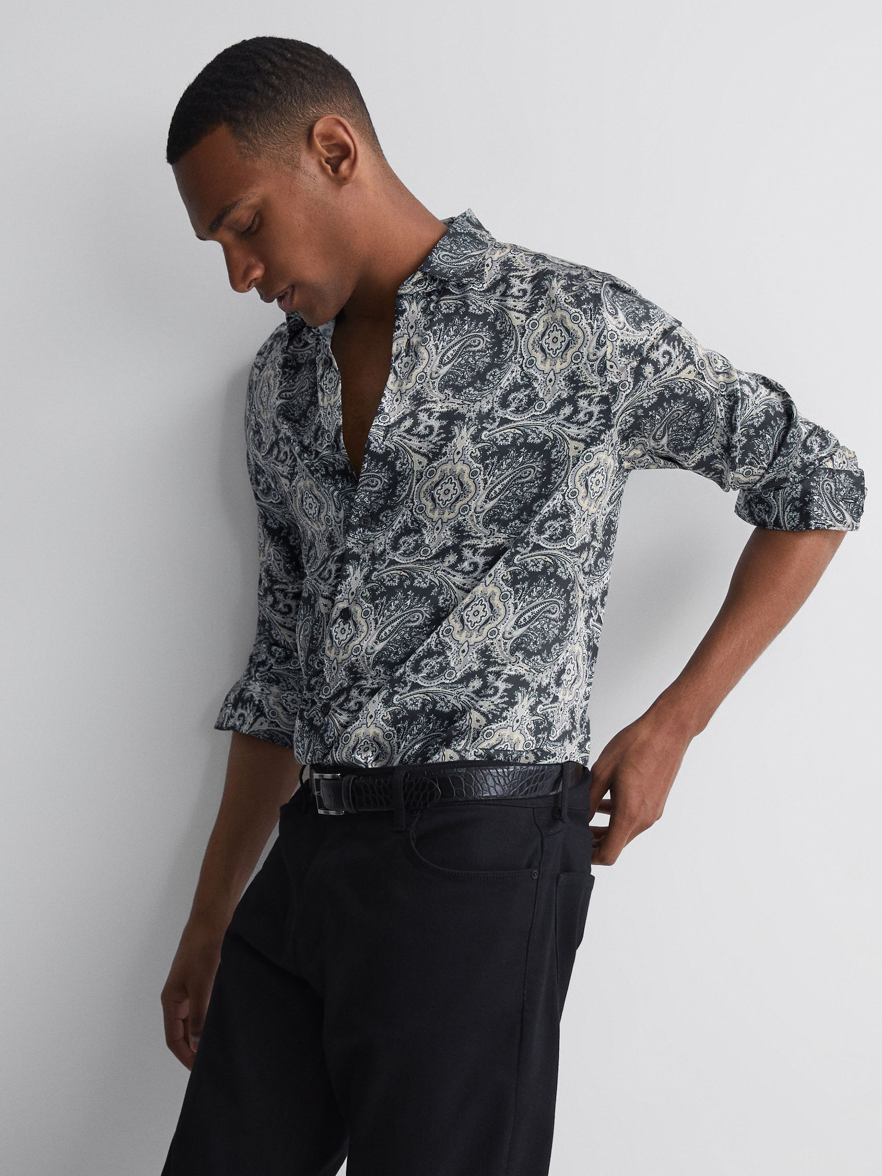 Paisley Print Button-Through Shirt in Black Multi - Image 3 of 5