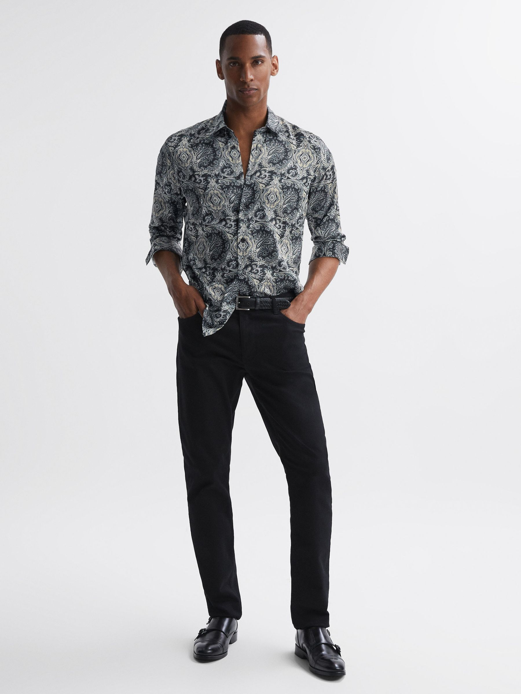Reiss Paisley Print Button-Through Shirt in Black Multi | REISS