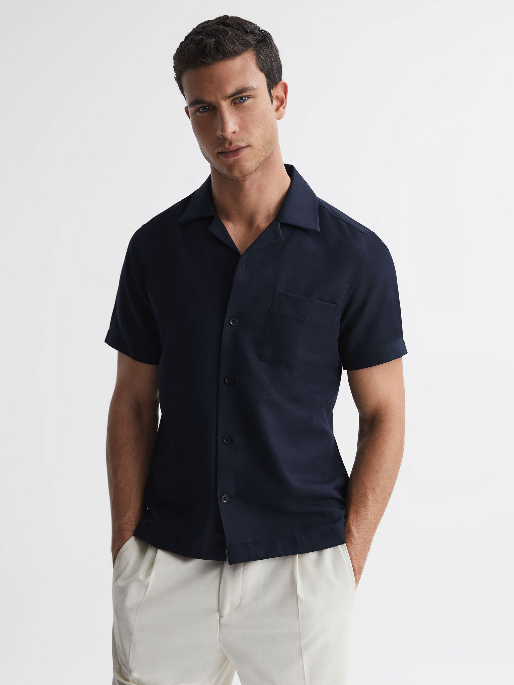 Cuban Collar Button-Through Shirt in Navy - Image 1 of 4