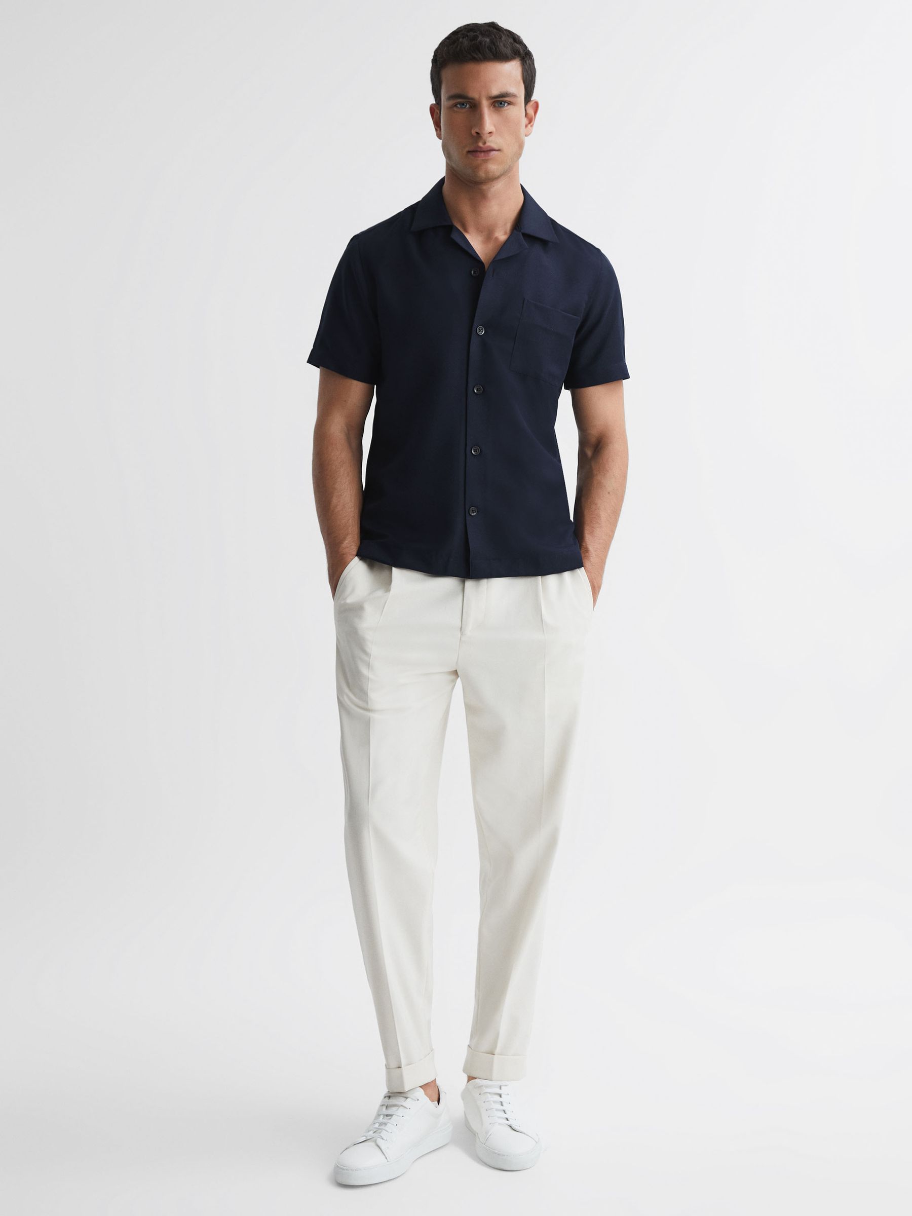 Cuban Collar Button-Through Shirt in Navy - Image 3 of 4