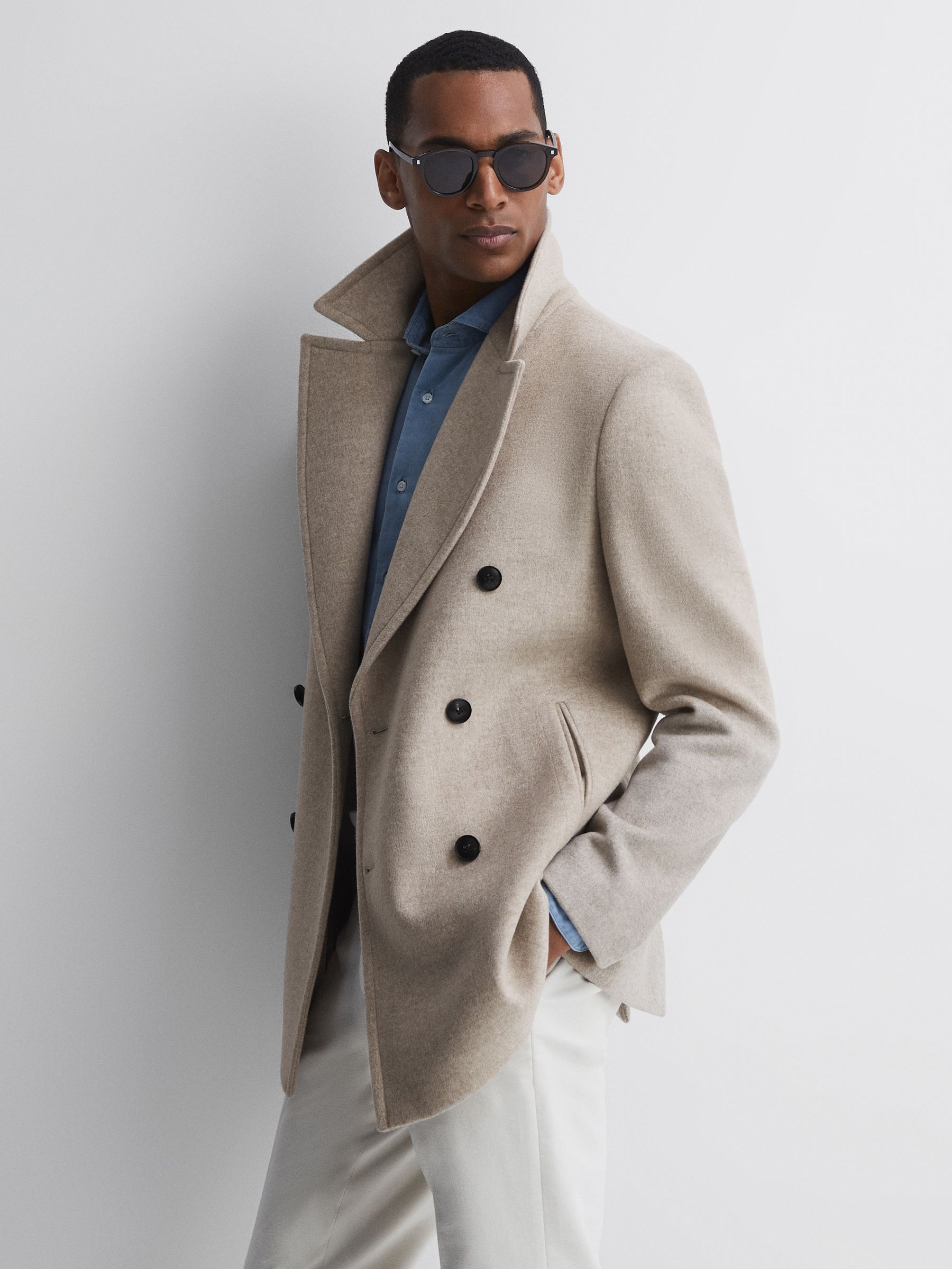 Double Breasted Wool Coat in Stone Melange - Image 1 of 5
