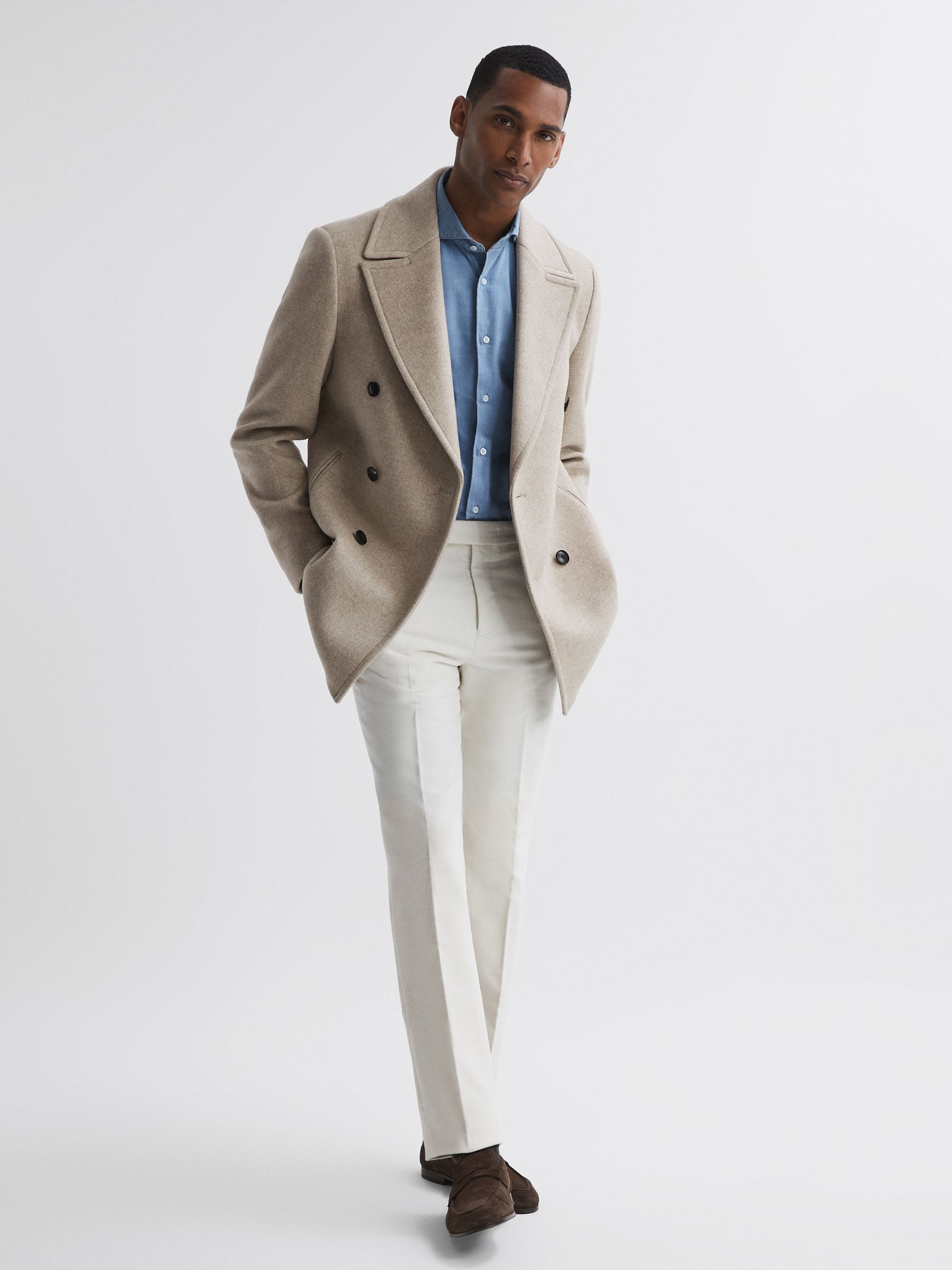 Double Breasted Wool Coat in Stone Melange - Image 3 of 5