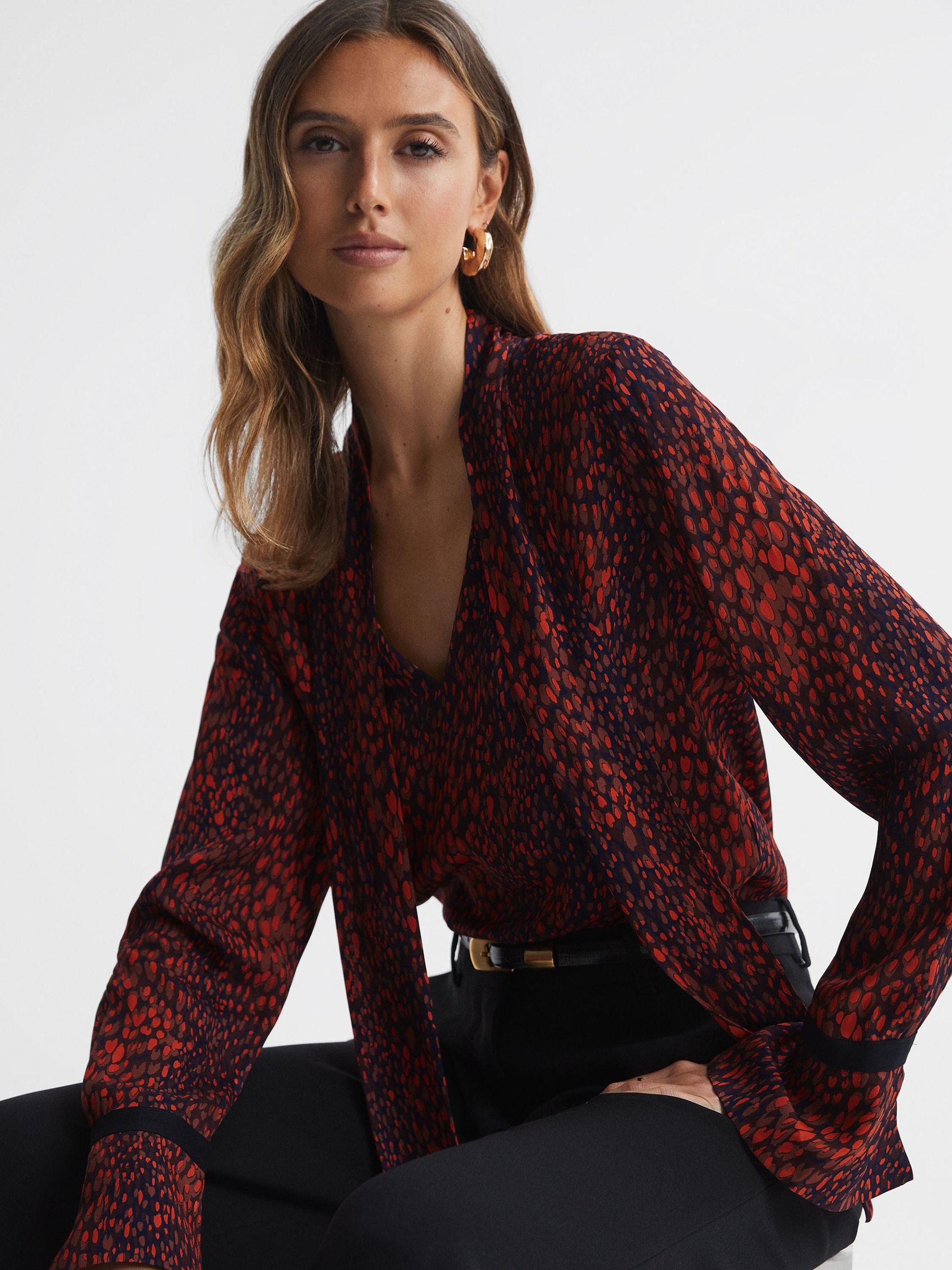 Animal Print Neck Tie Blouse in Red - Image 1 of 4