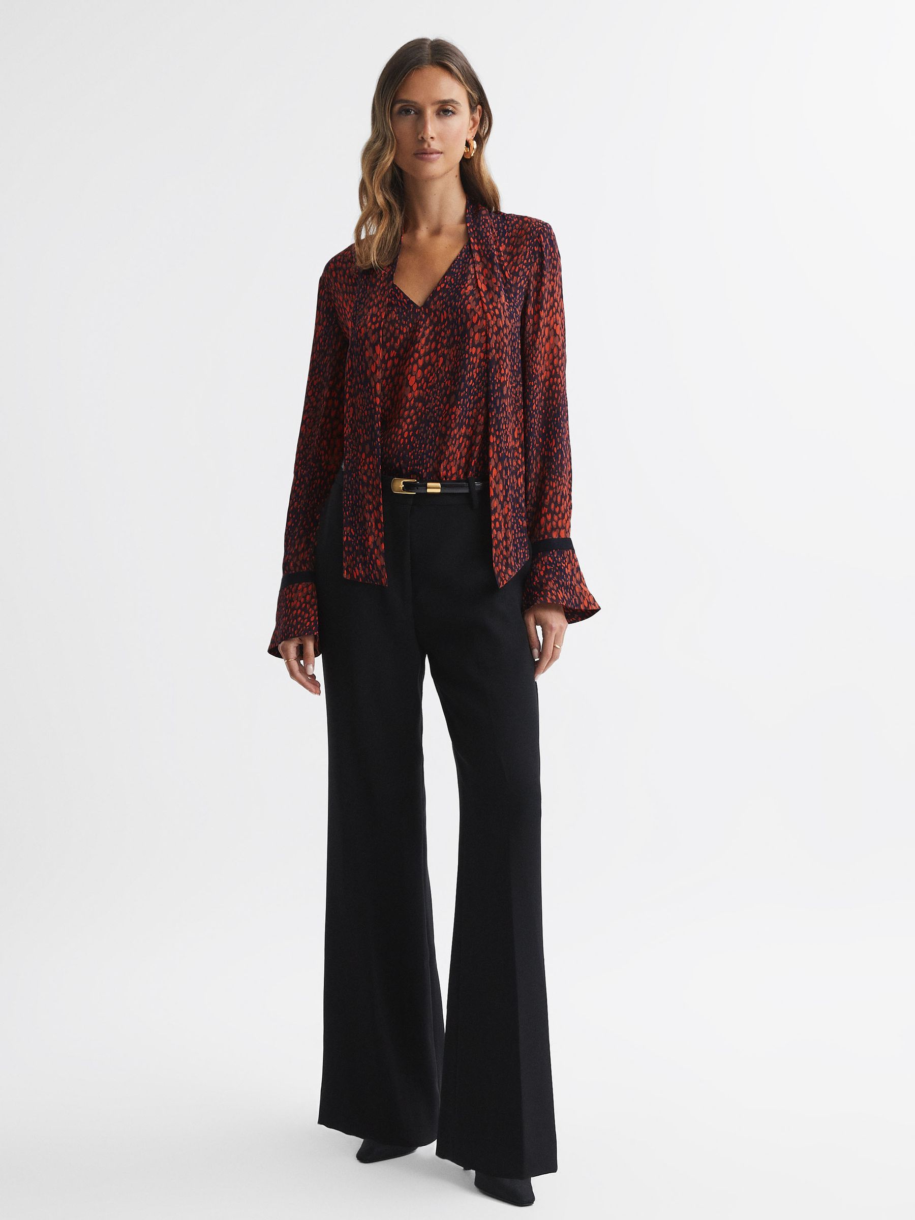 Animal Print Neck Tie Blouse in Red - Image 3 of 4
