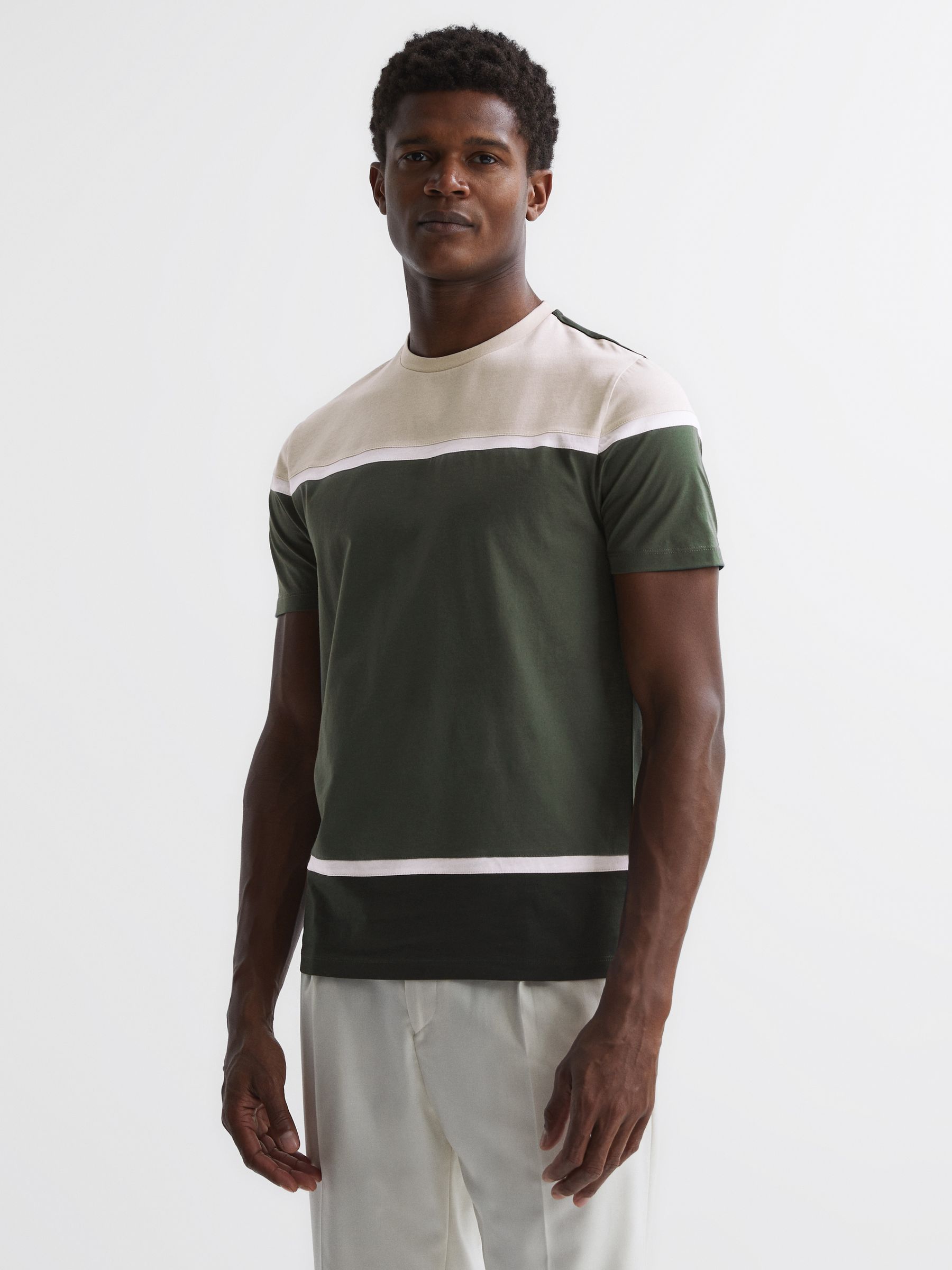 Mercerised Cotton Colourblock T-Shirt in Green Multi - Image 1 of 4