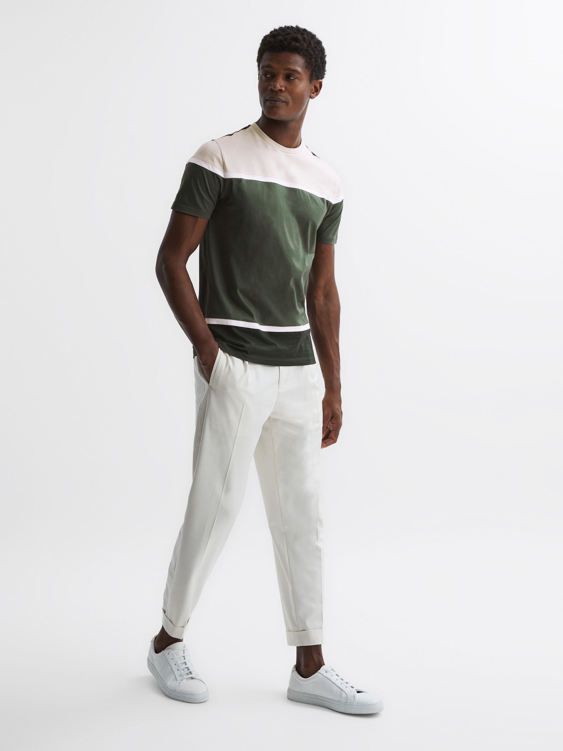 Mercerised Cotton Colourblock T-Shirt in Green Multi - Image 3 of 4
