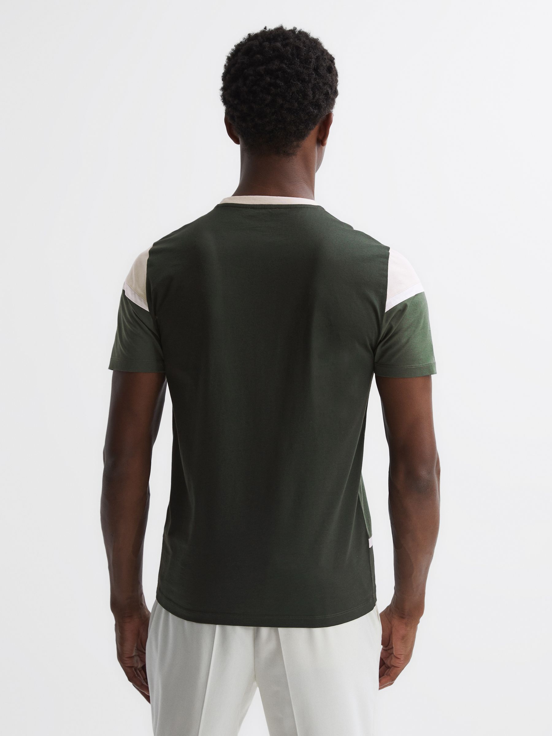 Mercerised Cotton Colourblock T-Shirt in Green Multi - Image 4 of 4