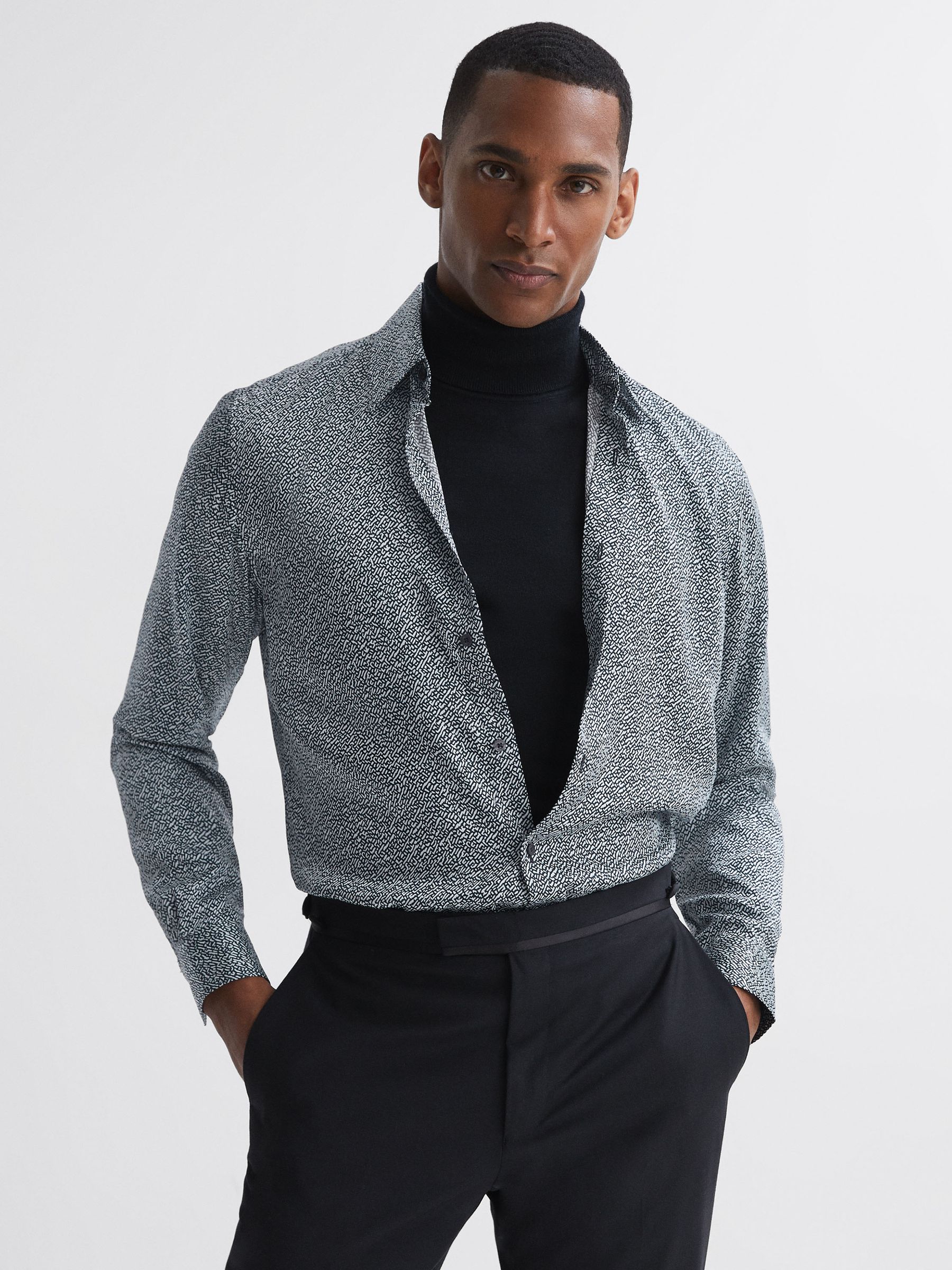 Printed Button-Through Shirt in Navy/Ivory - Image 1 of 5