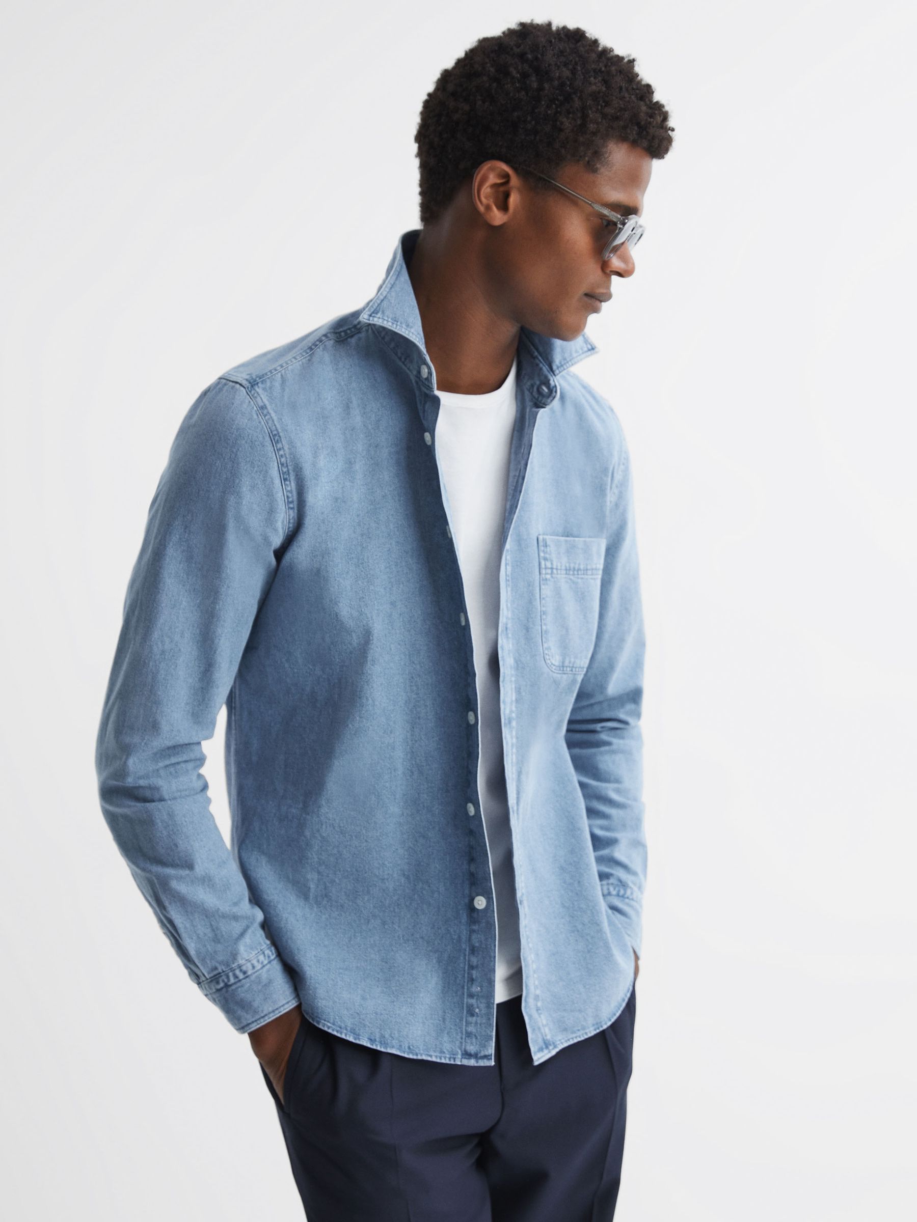 Long Sleeve Denim Overshirt in Denim Blue - Image 3 of 4