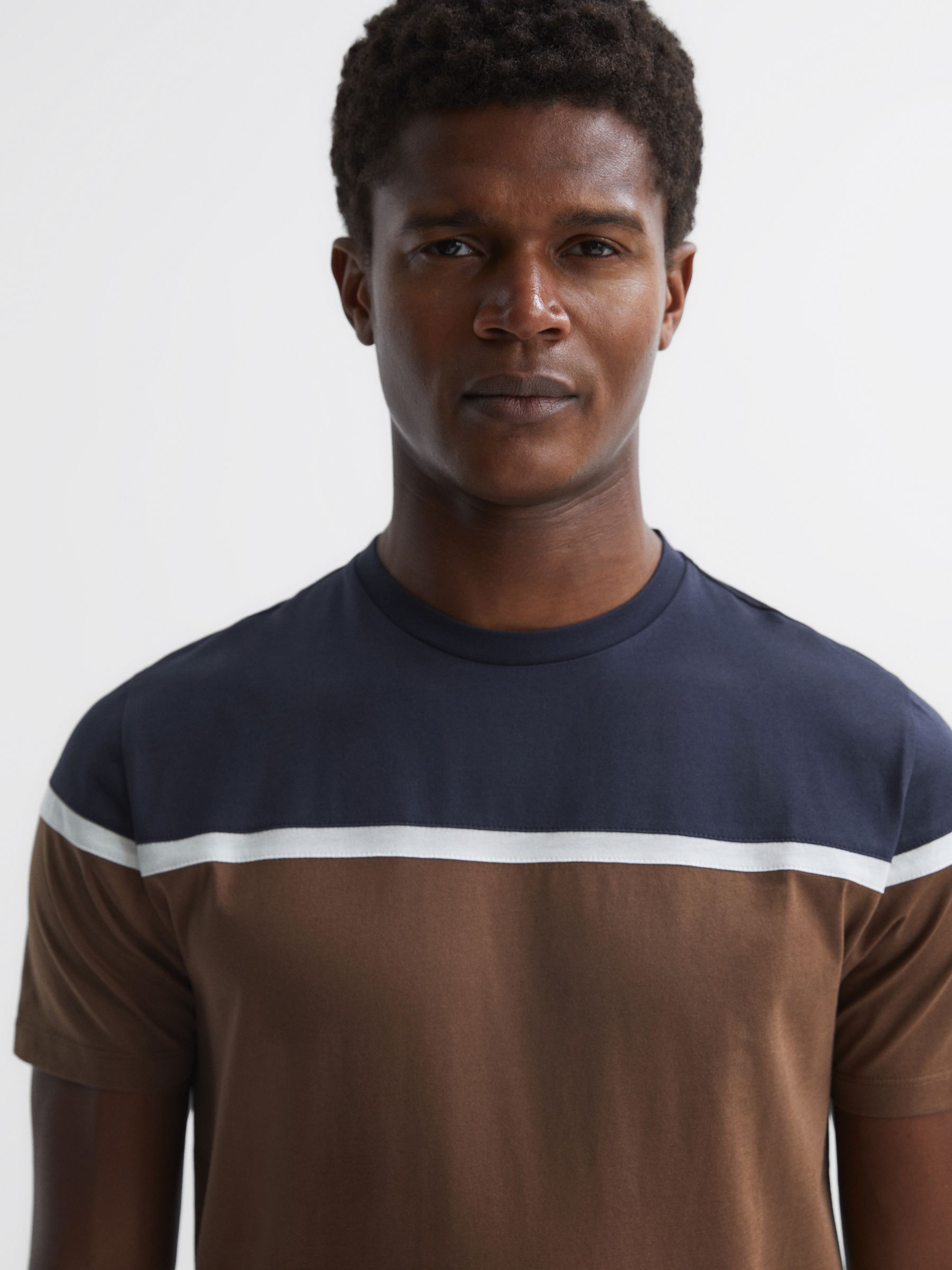 Mercerised Cotton Colourblock T-Shirt in Camel/Navy - Image 1 of 4