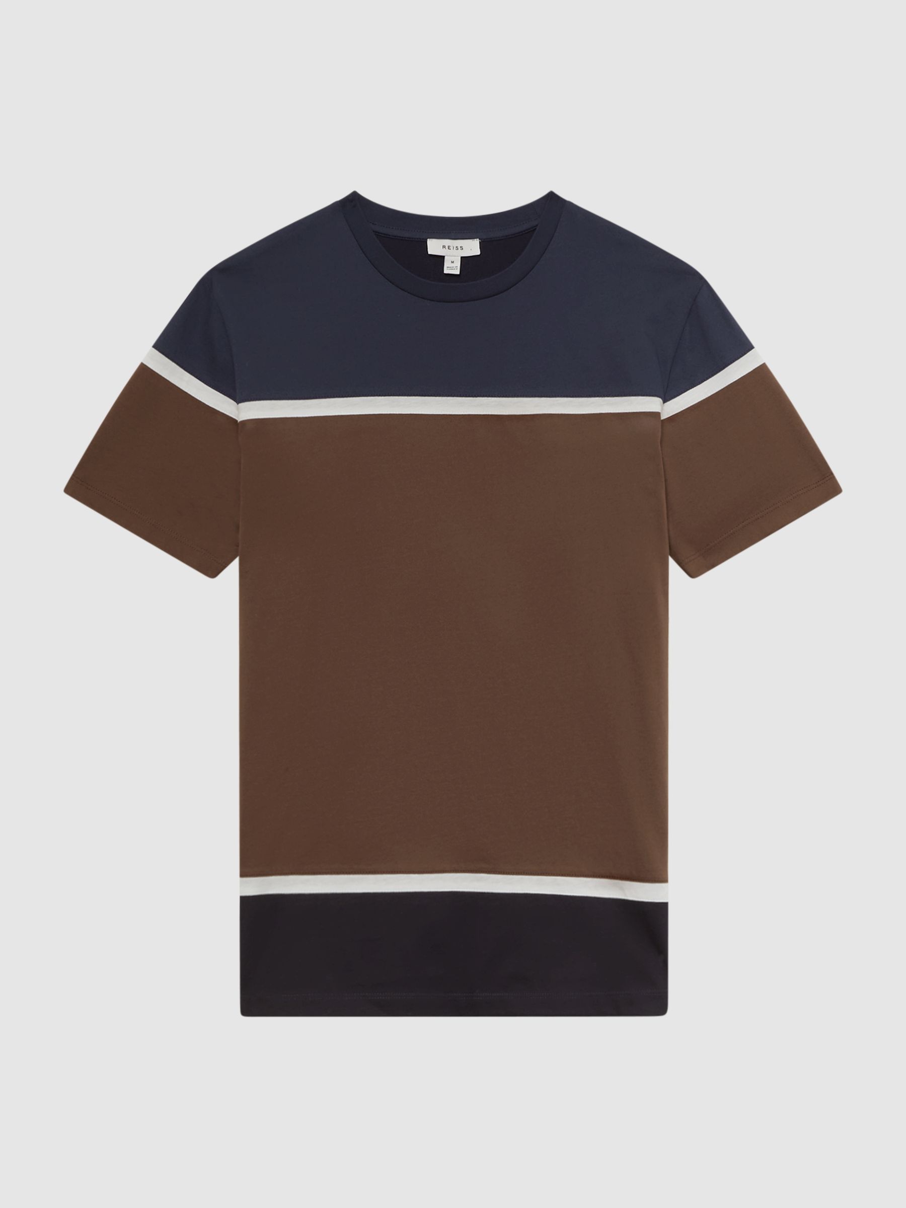 Mercerised Cotton Colourblock T-Shirt in Camel/Navy - Image 2 of 4 Mercerised Cotton Colourblock T-Shirt in Camel/Navy - Image 2 of 4