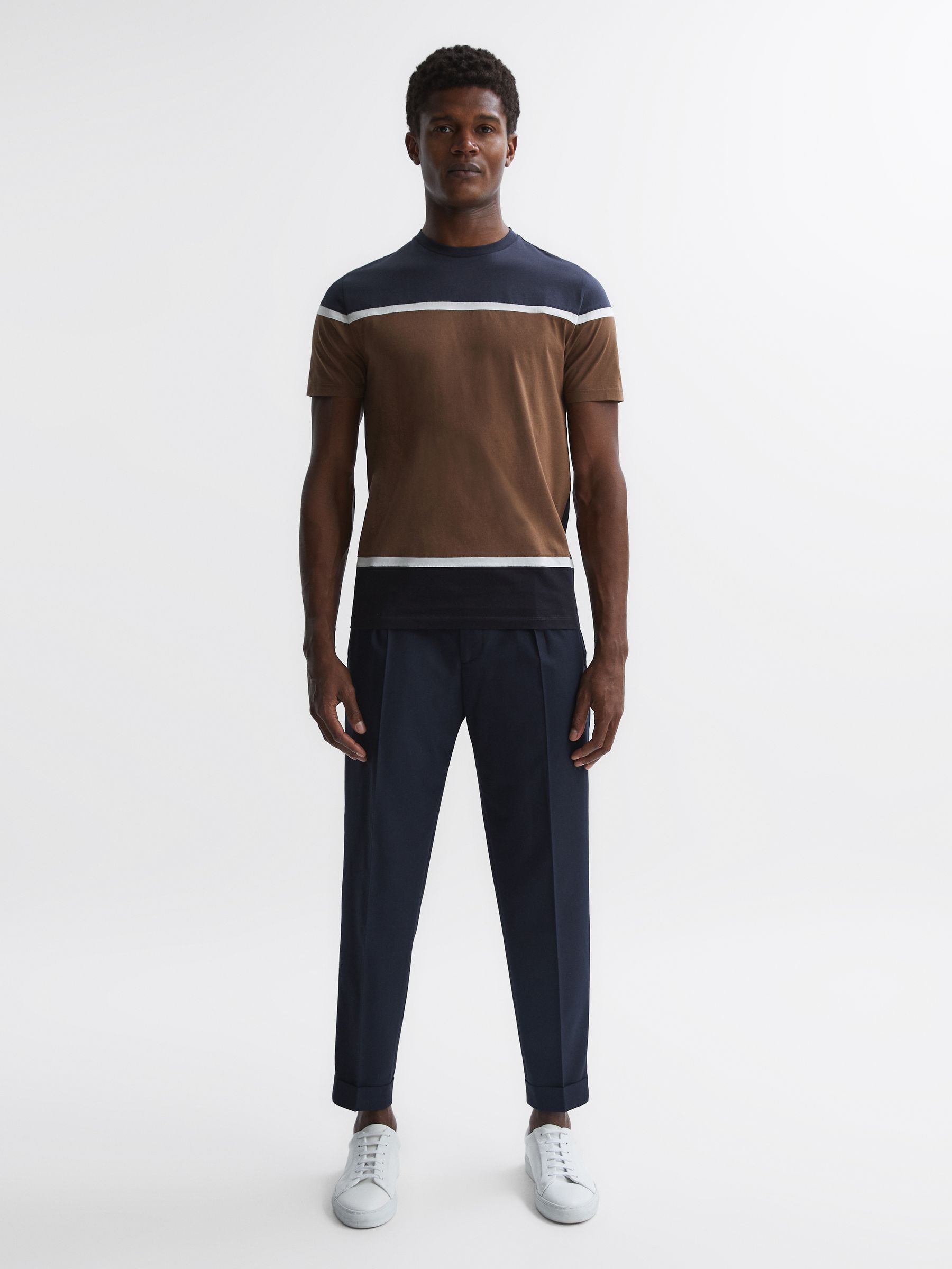 Mercerised Cotton Colourblock T-Shirt in Camel/Navy - Image 3 of 4