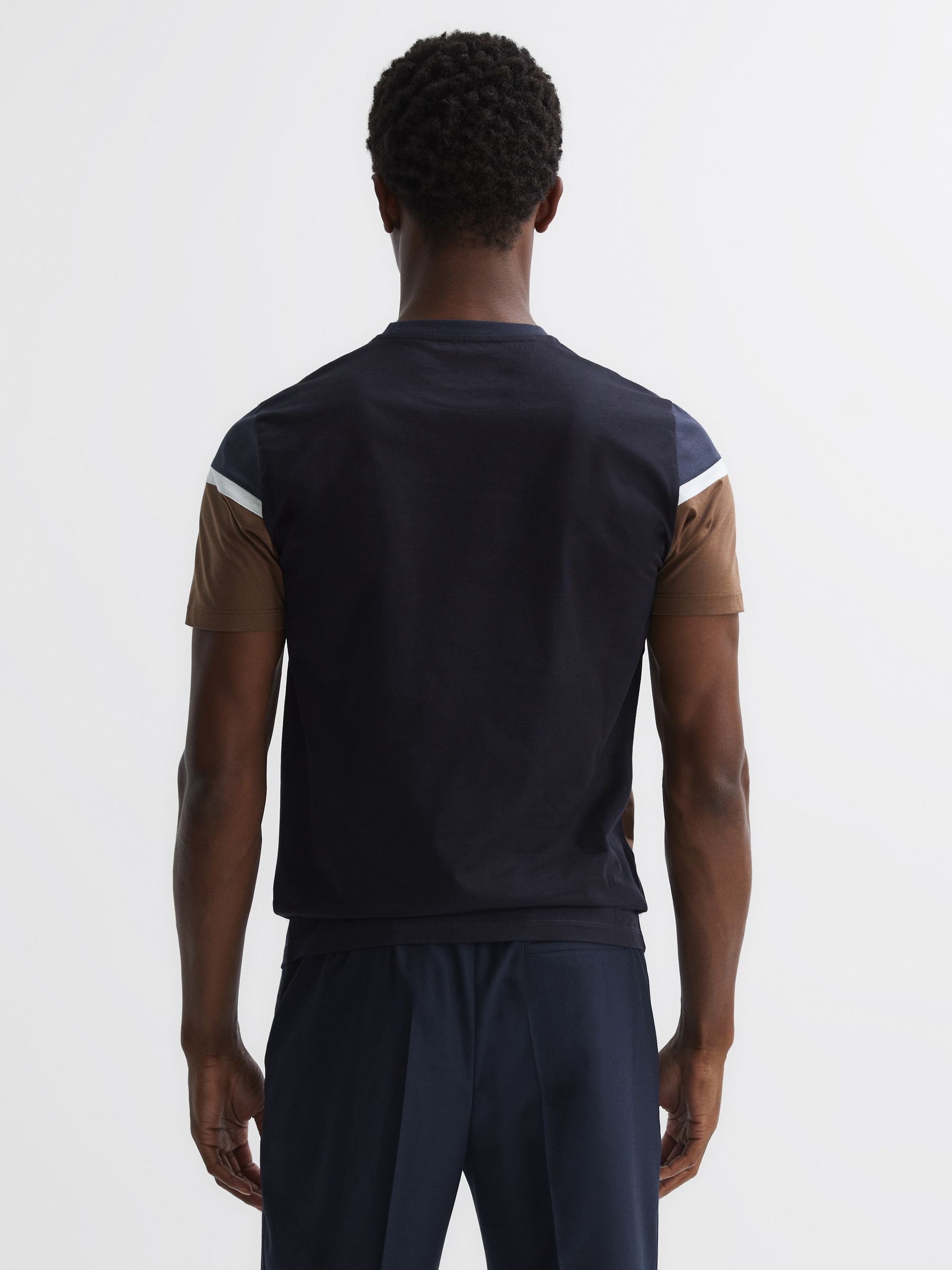 Mercerised Cotton Colourblock T-Shirt in Camel/Navy - Image 4 of 4