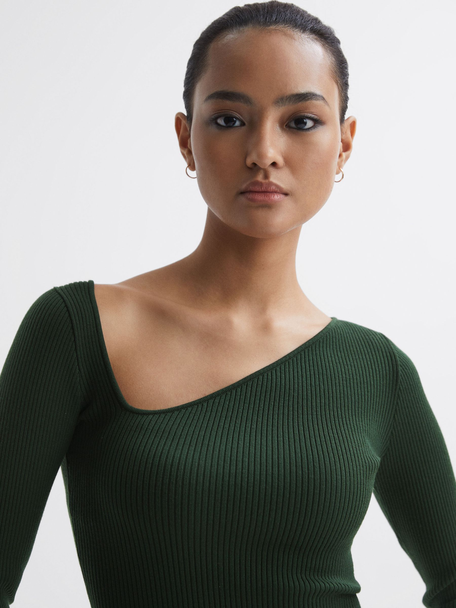 Fitted Ribbed Asymmetric Neck T-Shirt in Green - Image 1 of 4 Fitted Ribbed Asymmetric Neck T-Shirt in Green - Image 1 of 4