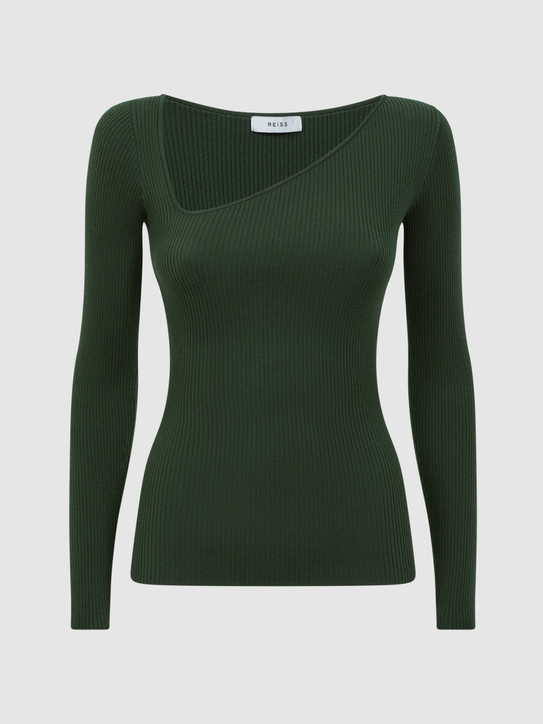 Fitted Ribbed Asymmetric Neck T-Shirt in Green - Image 2 of 4 Fitted Ribbed Asymmetric Neck T-Shirt in Green - Image 2 of 4