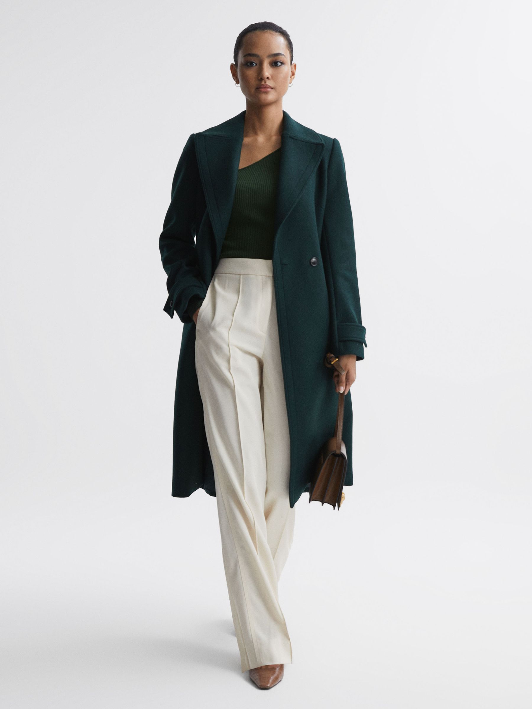 Fitted Ribbed Asymmetric Neck T-Shirt in Green - Image 3 of 4