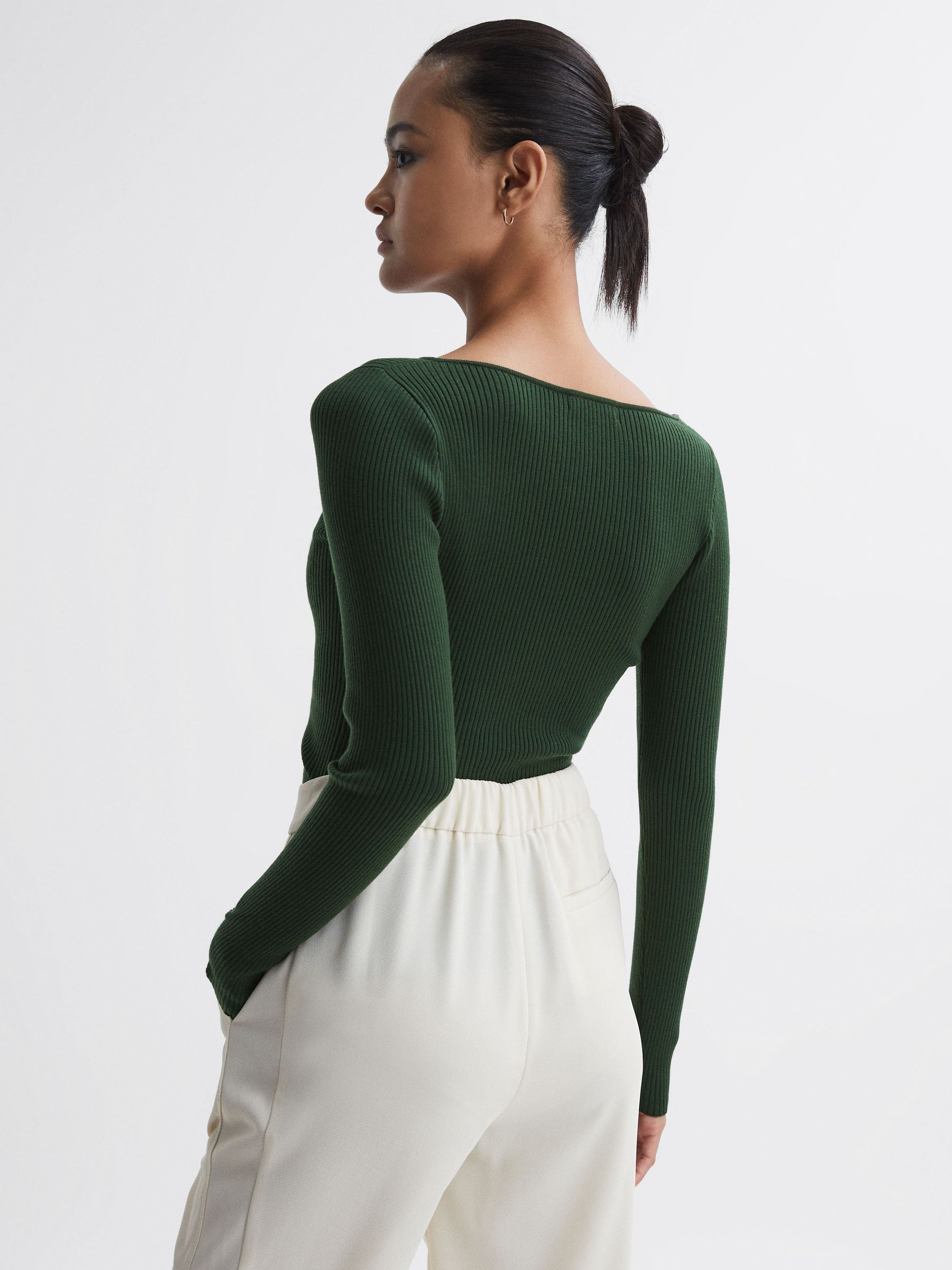 Fitted Ribbed Asymmetric Neck T-Shirt in Green - Image 4 of 4