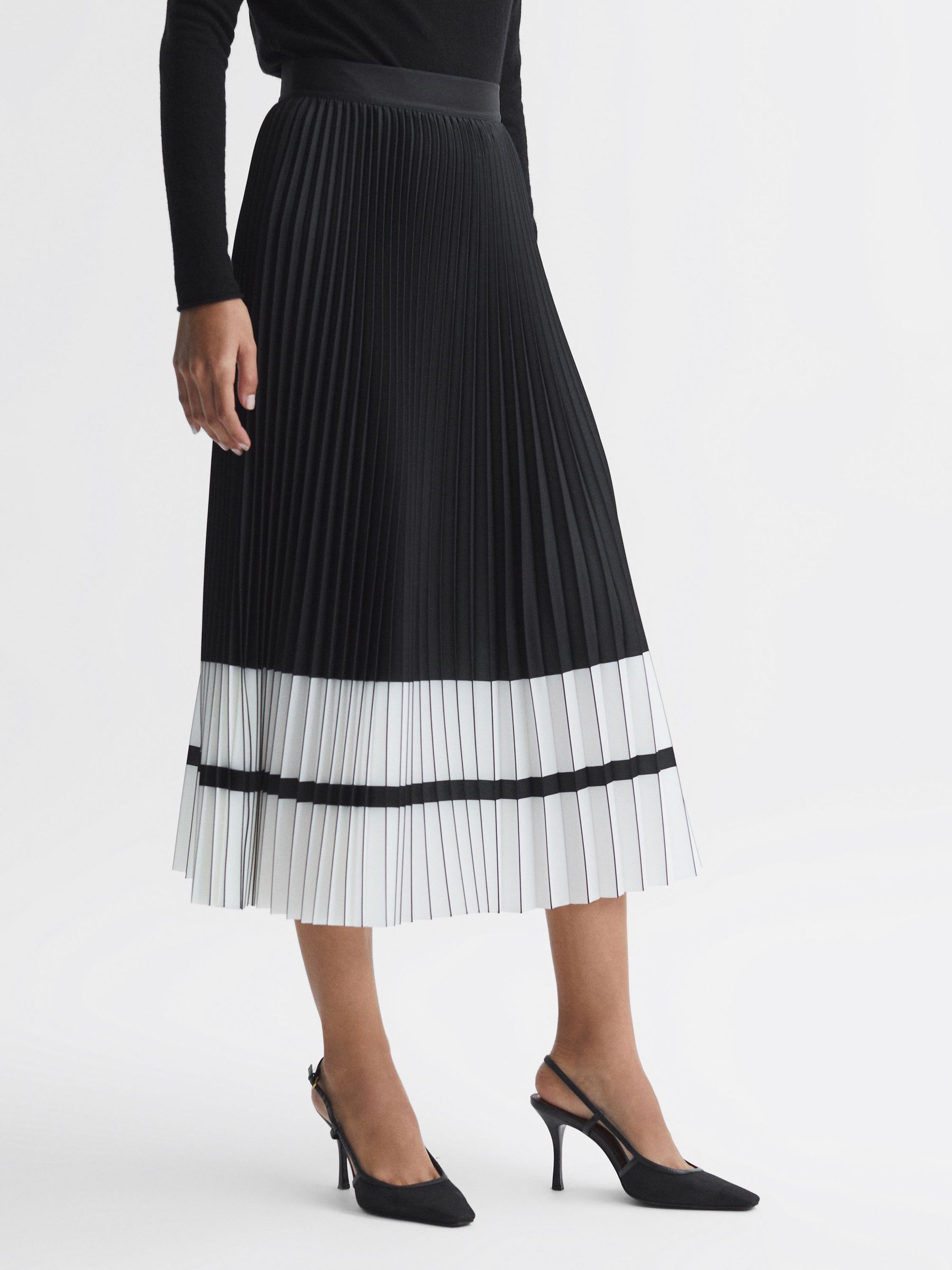 High Rise Pleated Midi Skirt in Black/White - Image 4 of 6