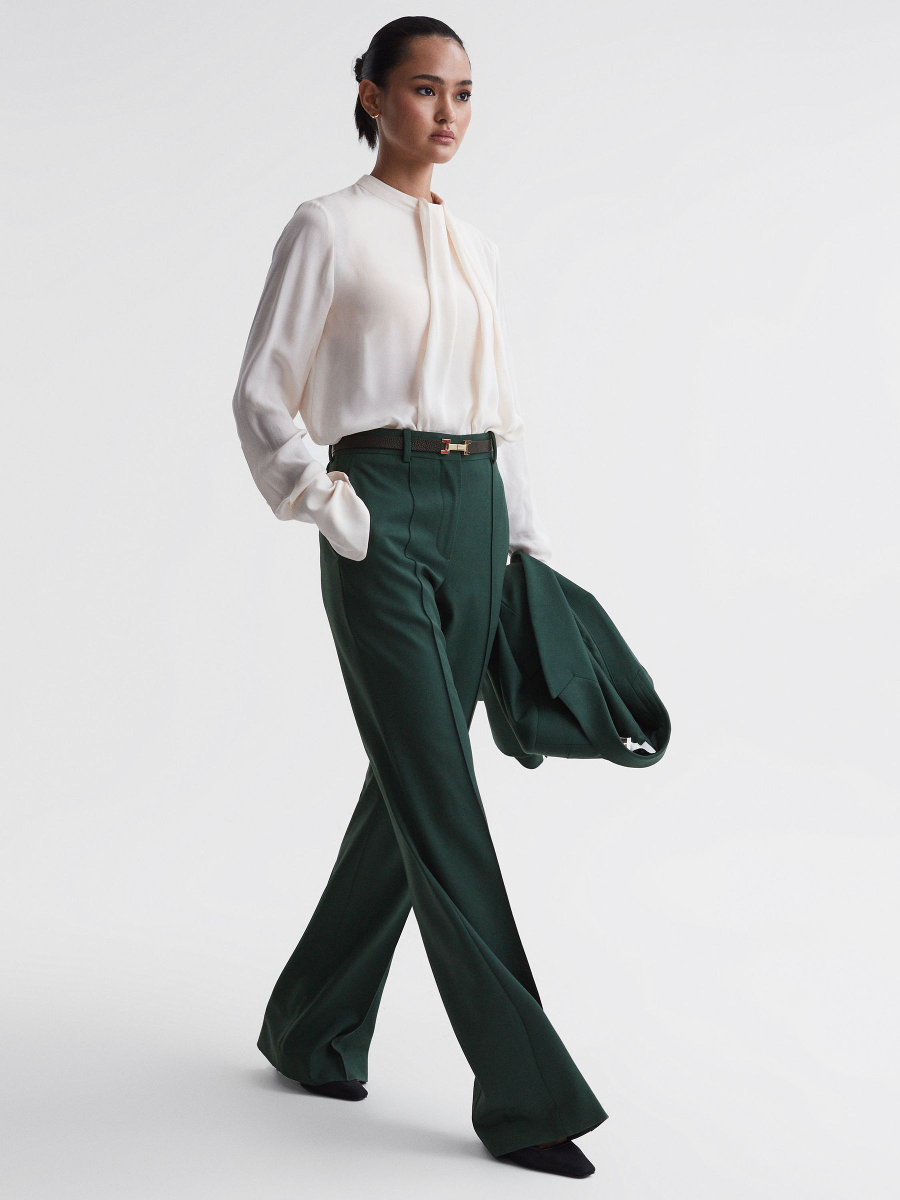 Wide Leg Wool Blend Mid Rise Suit Trousers in Bottle Green - Image 1 of 5