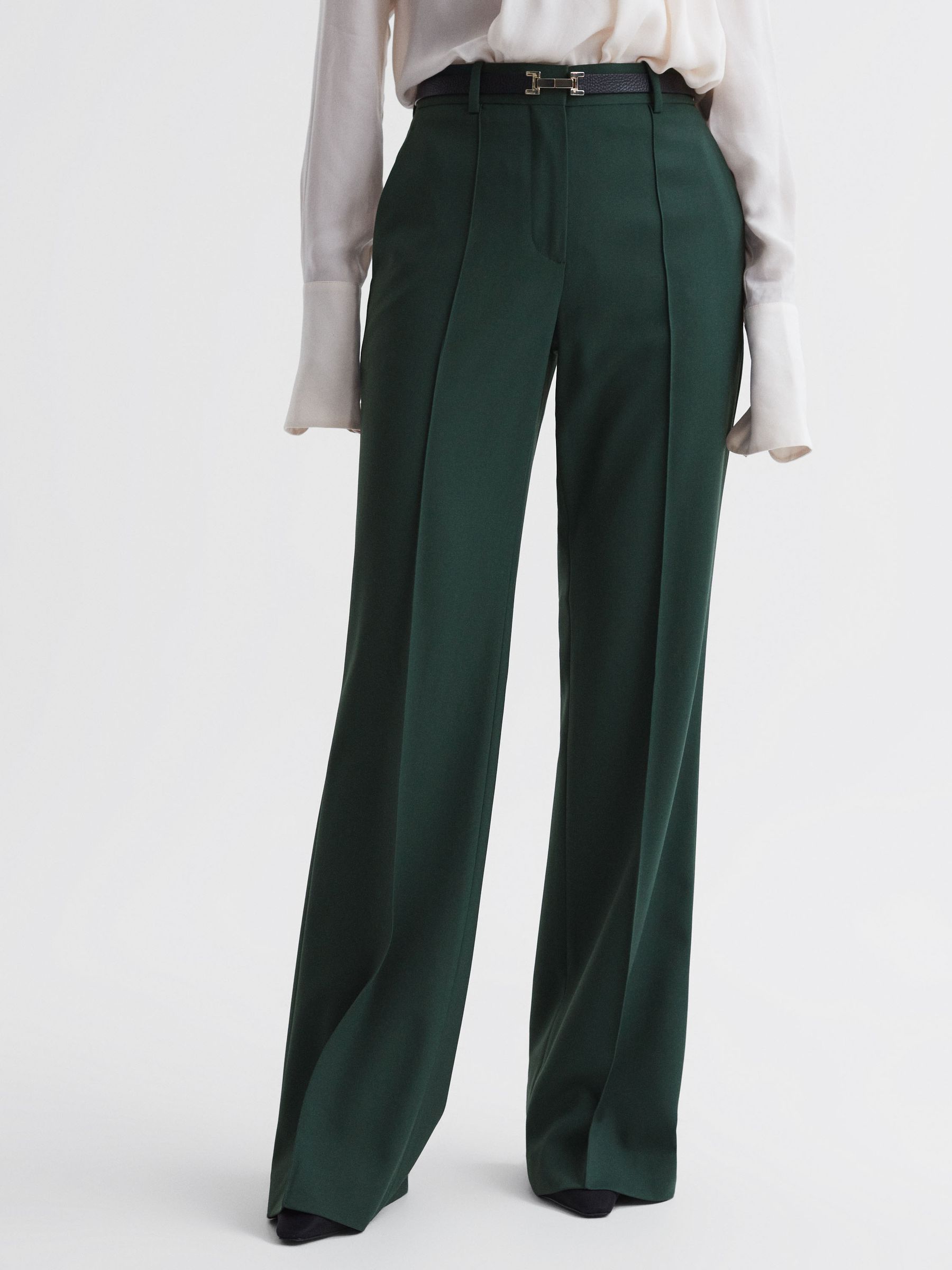 Reiss Wide Leg Wool Blend Mid Rise Suit Trousers in Bottle