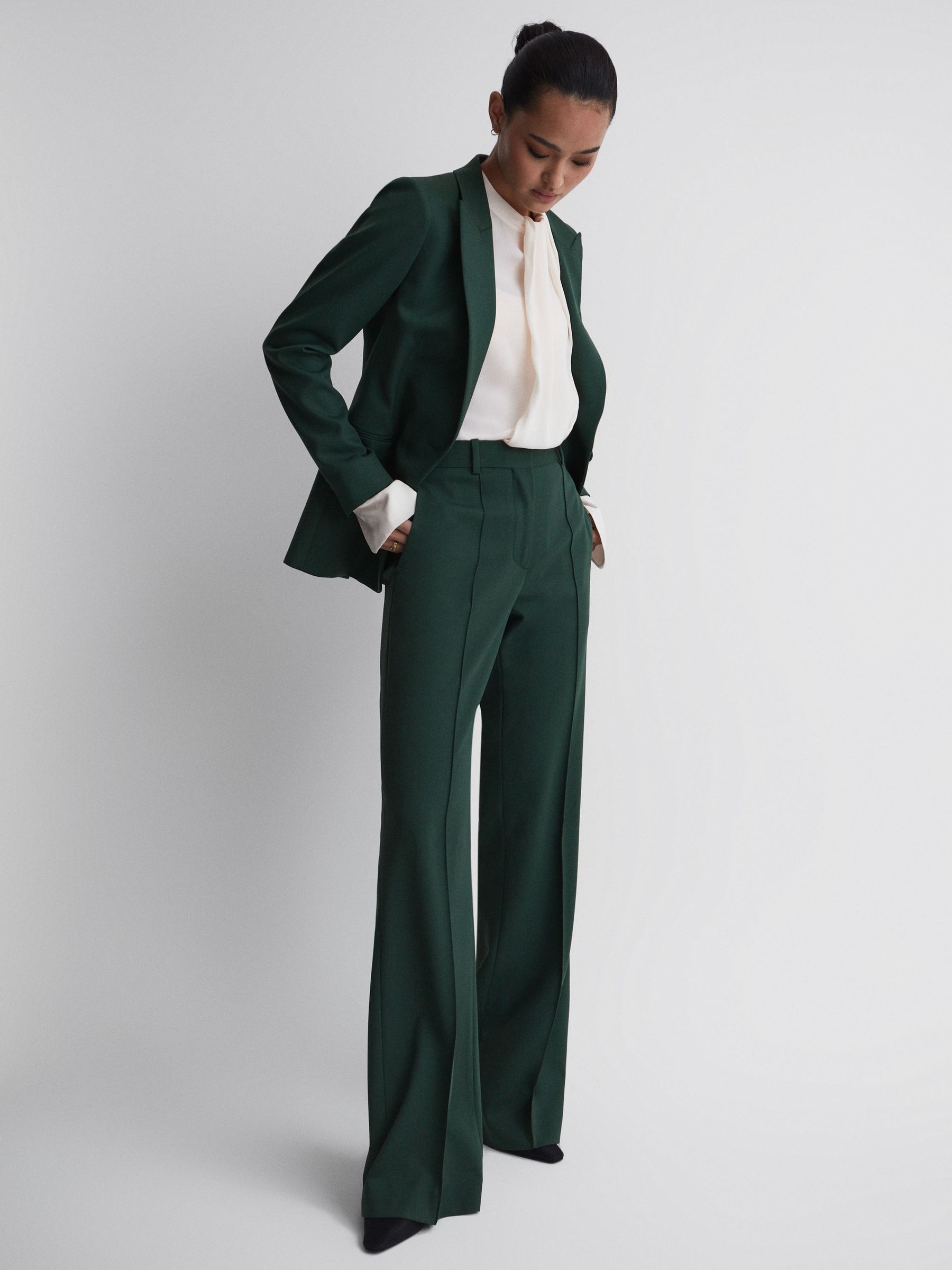 Wide Leg Wool Blend Mid Rise Suit Trousers in Bottle Green - Image 4 of 5
