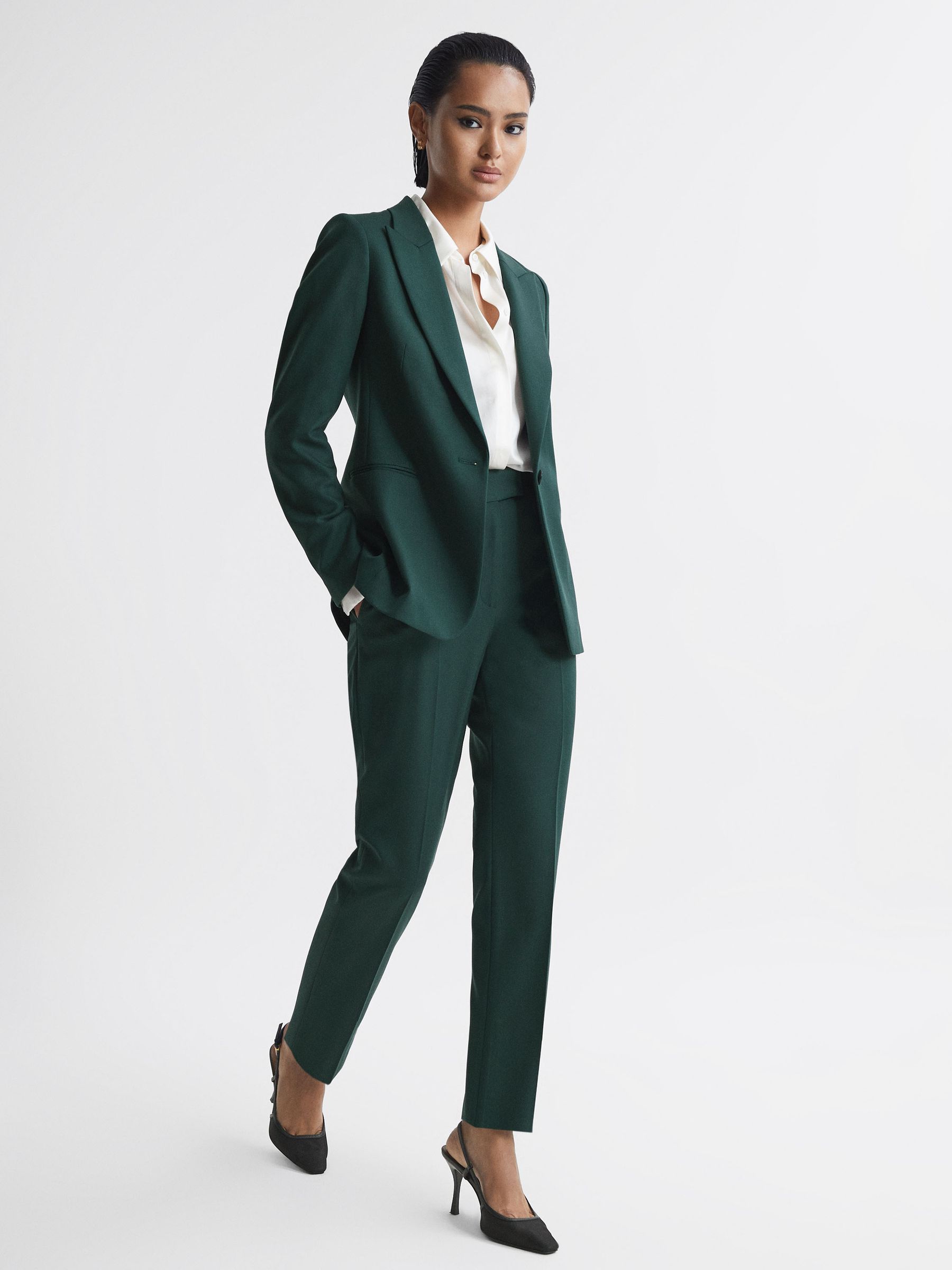 Petite Slim Fit Wool Blend Mid Rise Suit Trousers in Bottle Green - Image 1 of 6