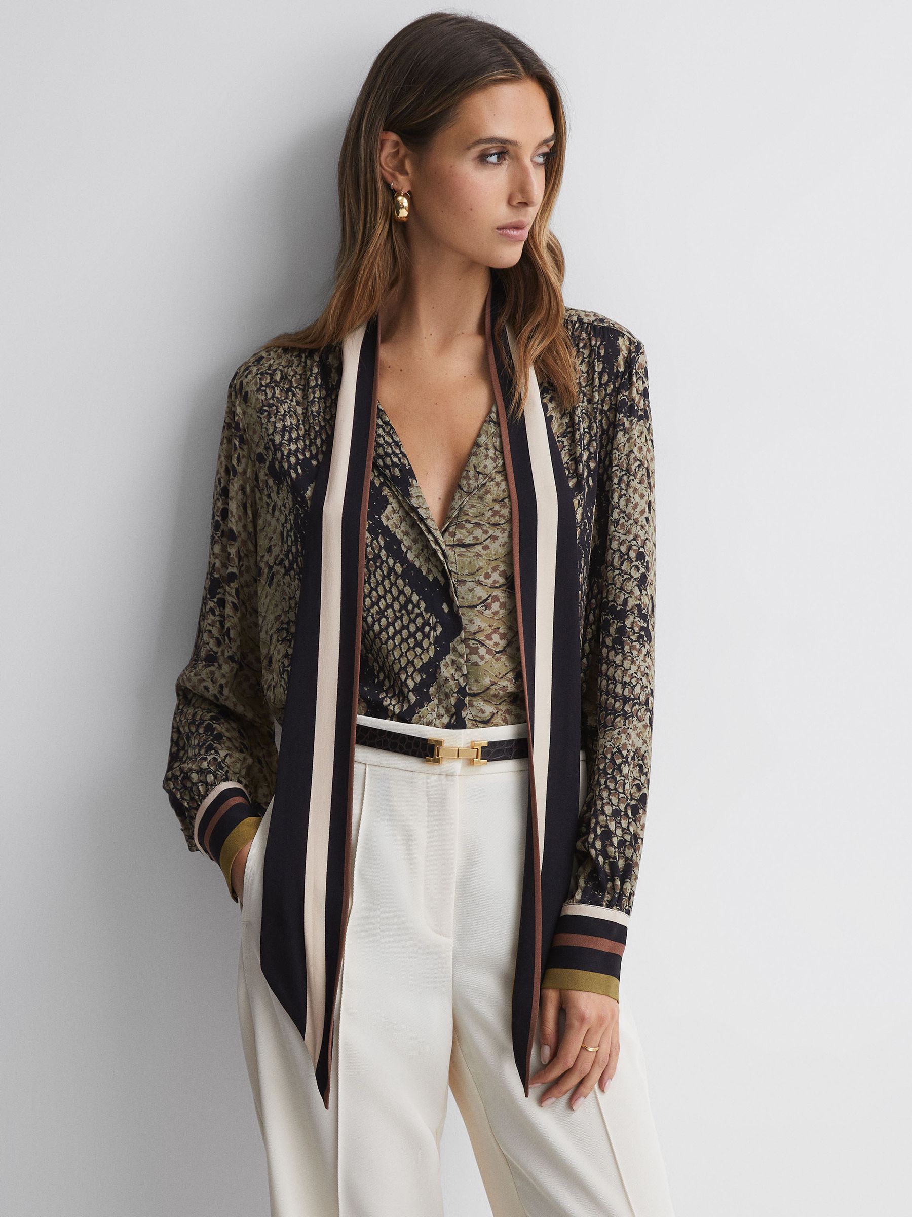 Snake Print Tie Neck Blouse in Brown - Image 1 of 4