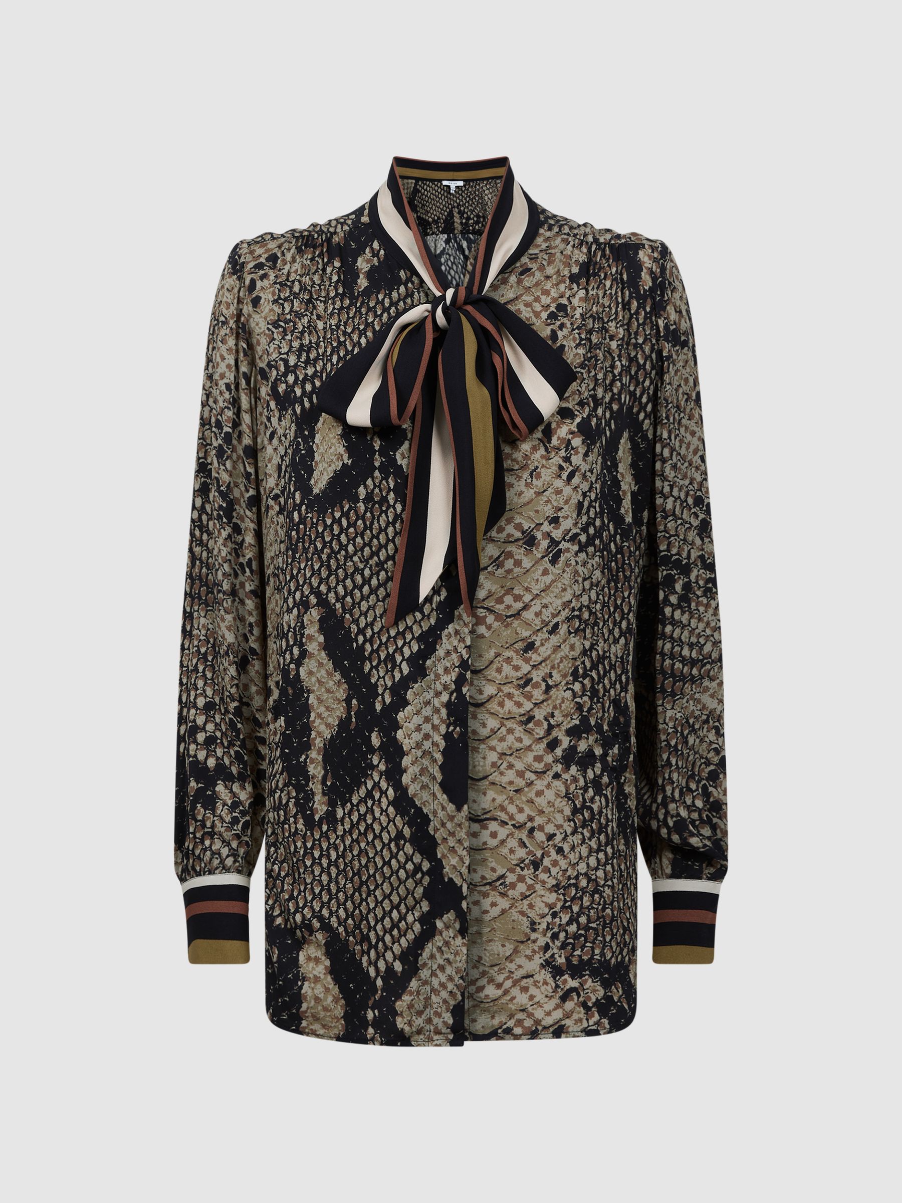 Snake Print Tie Neck Blouse in Brown - Image 2 of 4