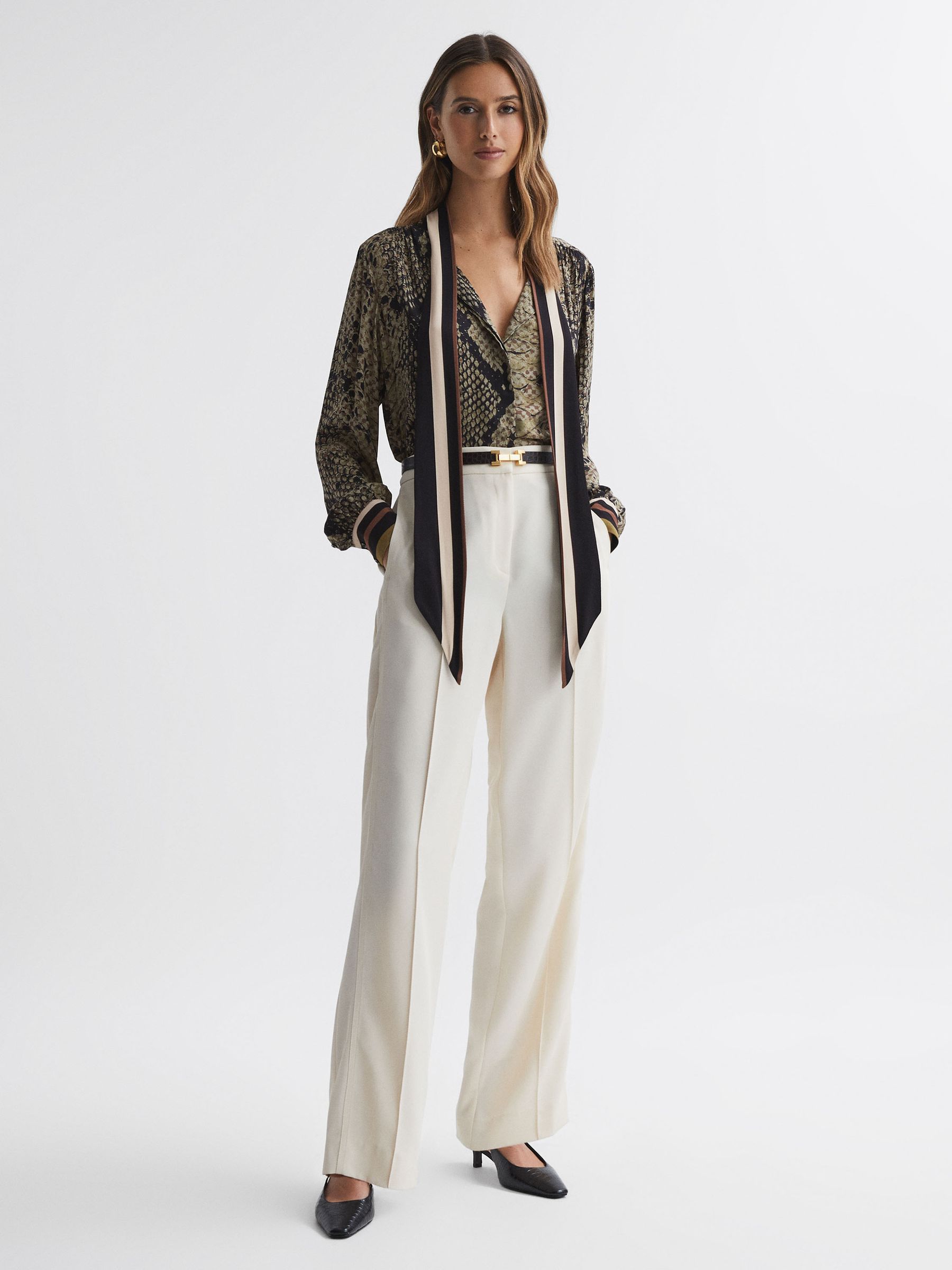 Snake Print Tie Neck Blouse in Brown - Image 3 of 4