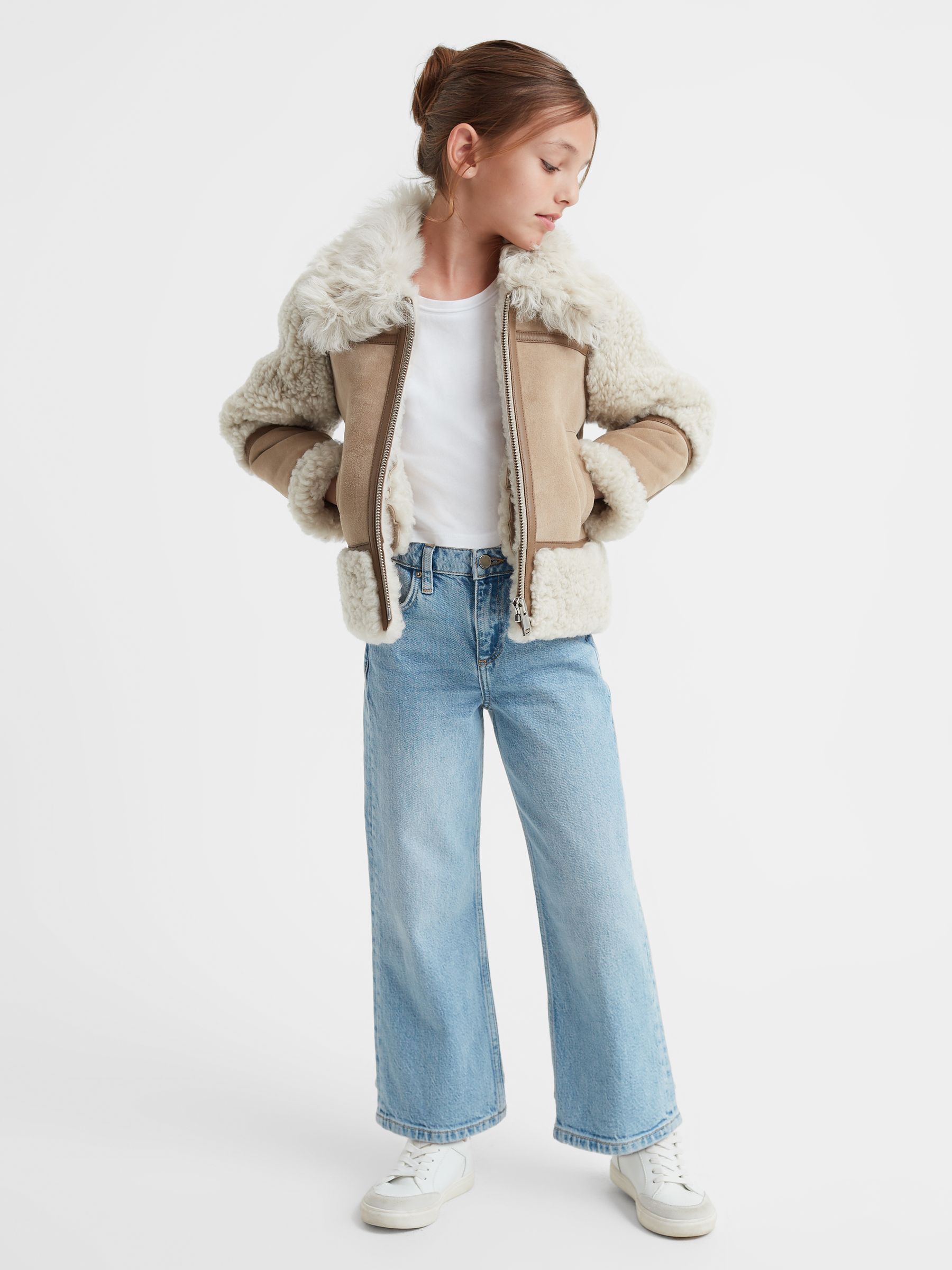 9-14 yrs Suede Sheepskin Zip-Through Jacket in Neutral - Image 1 of 8