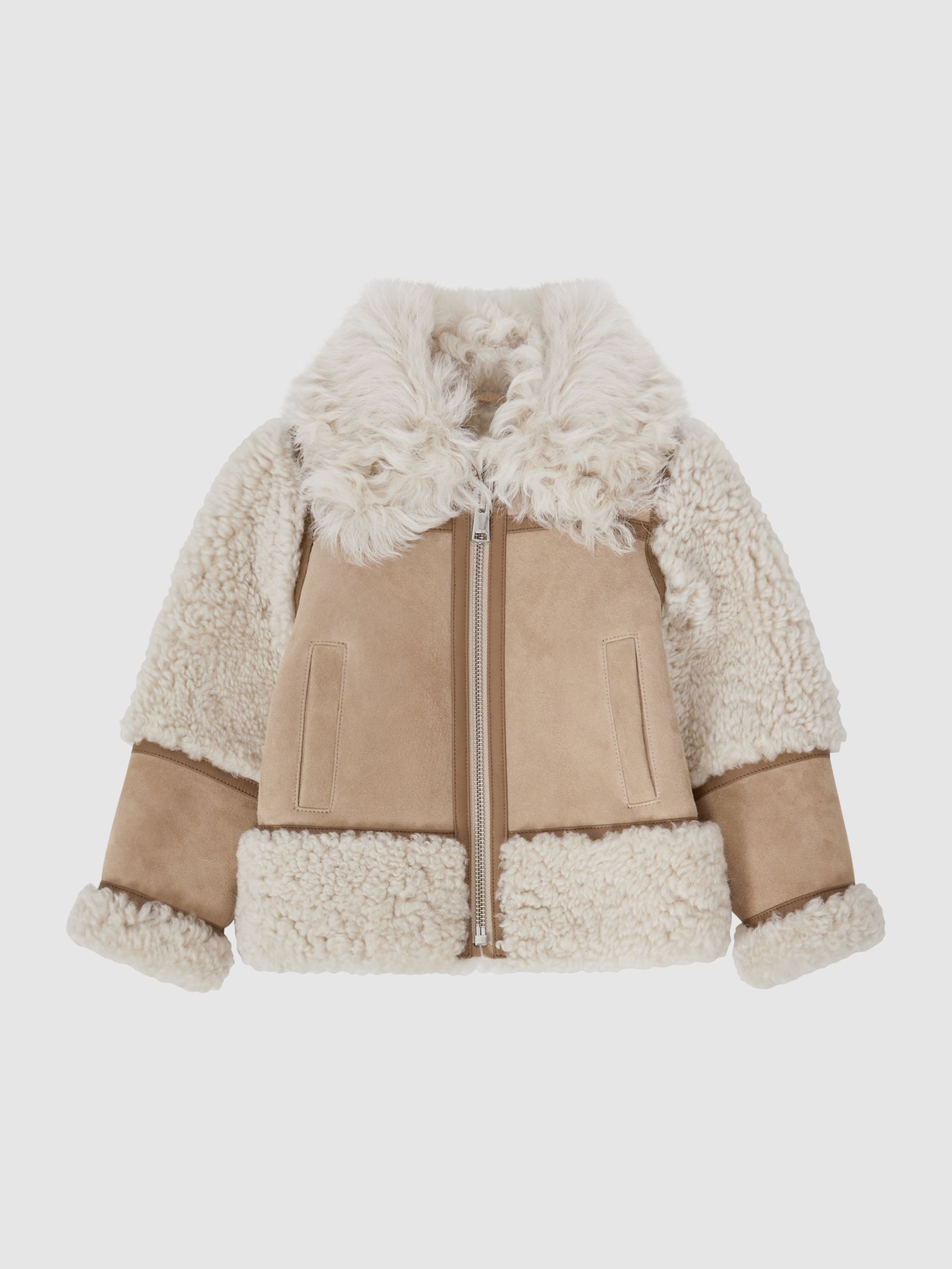 9-14 yrs Suede Sheepskin Zip-Through Jacket in Neutral - Image 2 of 8