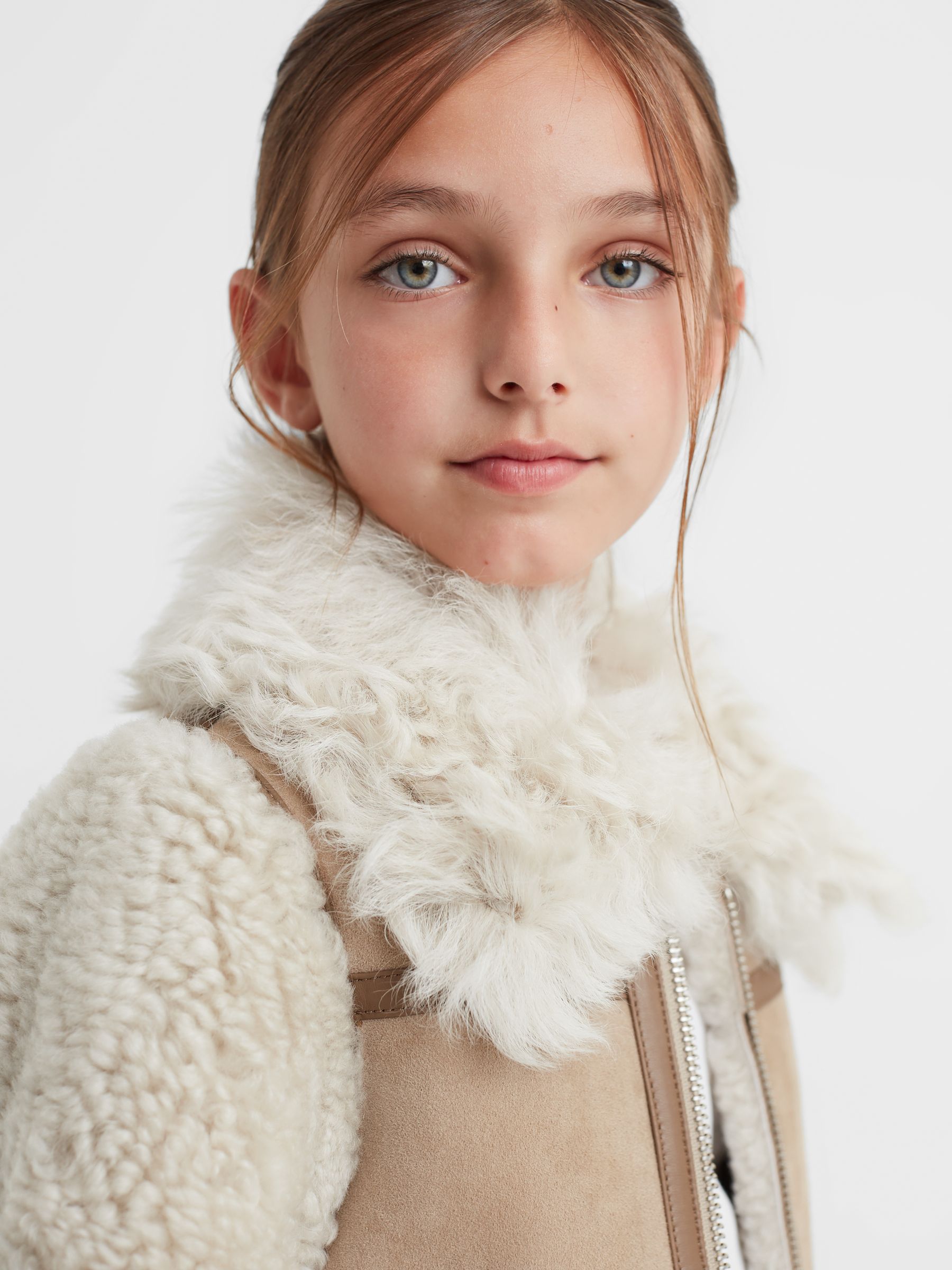 9-14 yrs Suede Sheepskin Zip-Through Jacket in Neutral - Image 4 of 8