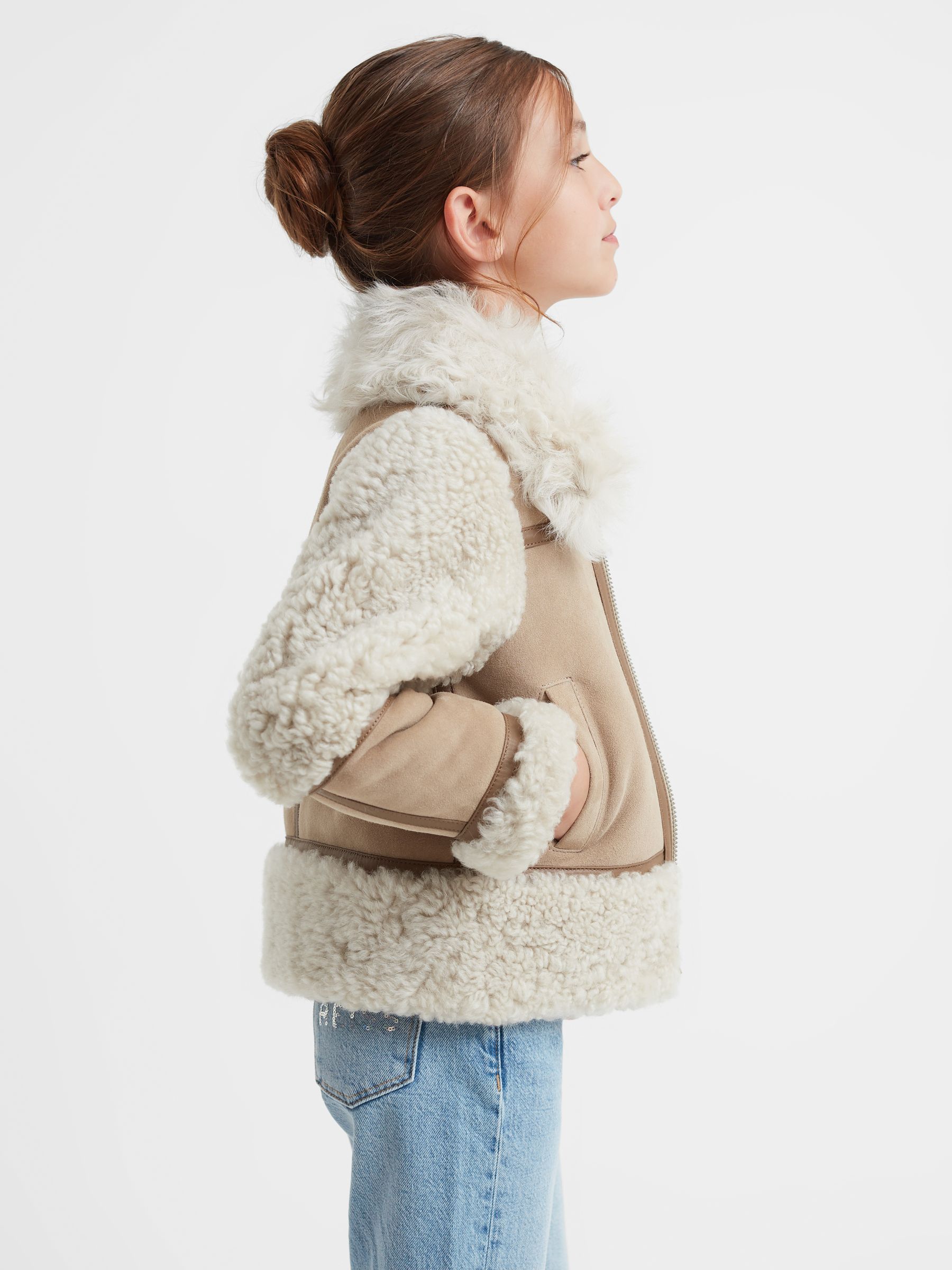 4-9 yrs Suede Sheepskin Zip-Through Jacket in Neutral - Image 4 of 8