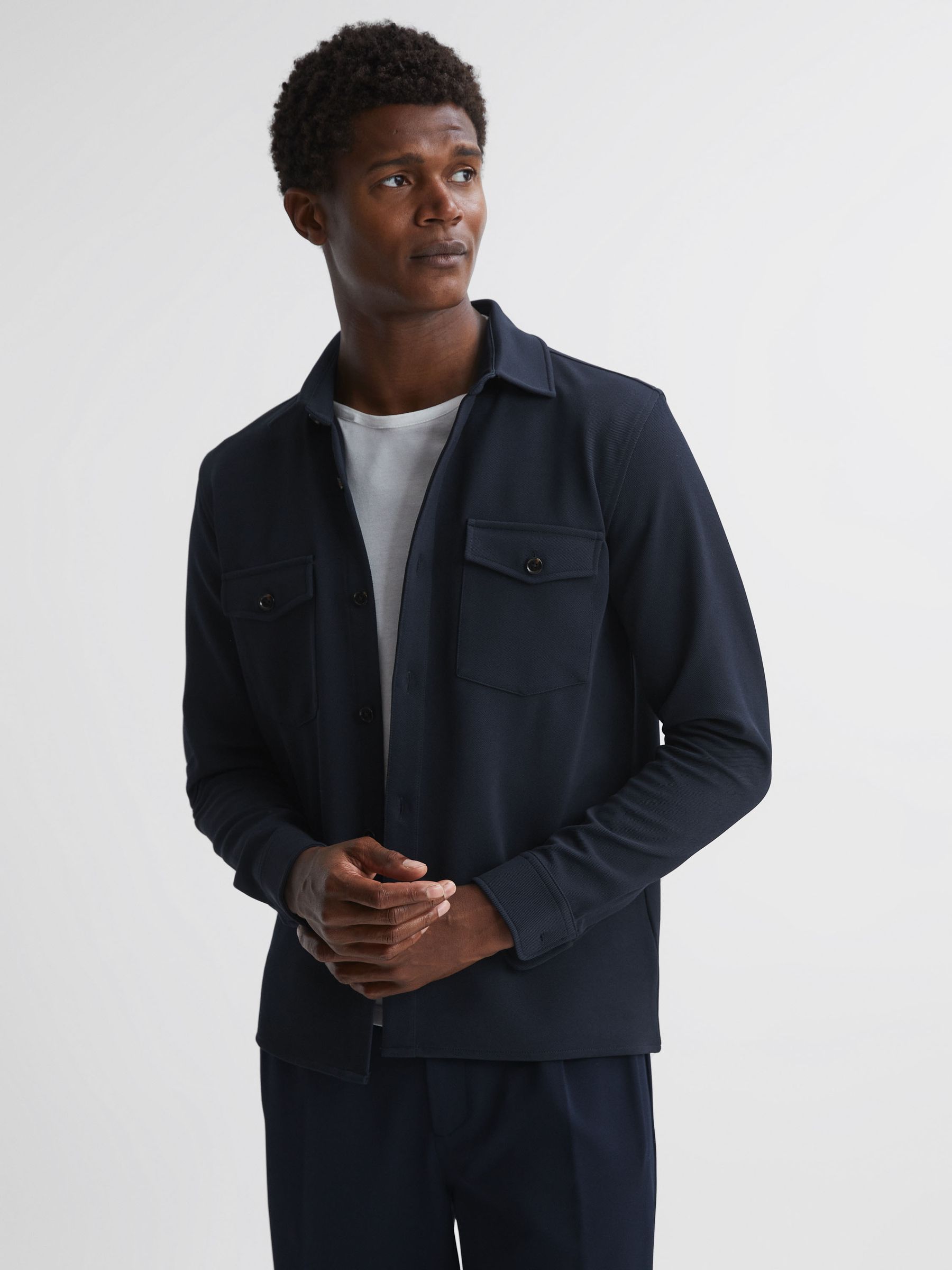 Twin Pocket Long Sleeve Overshirt in Navy - Image 1 of 4