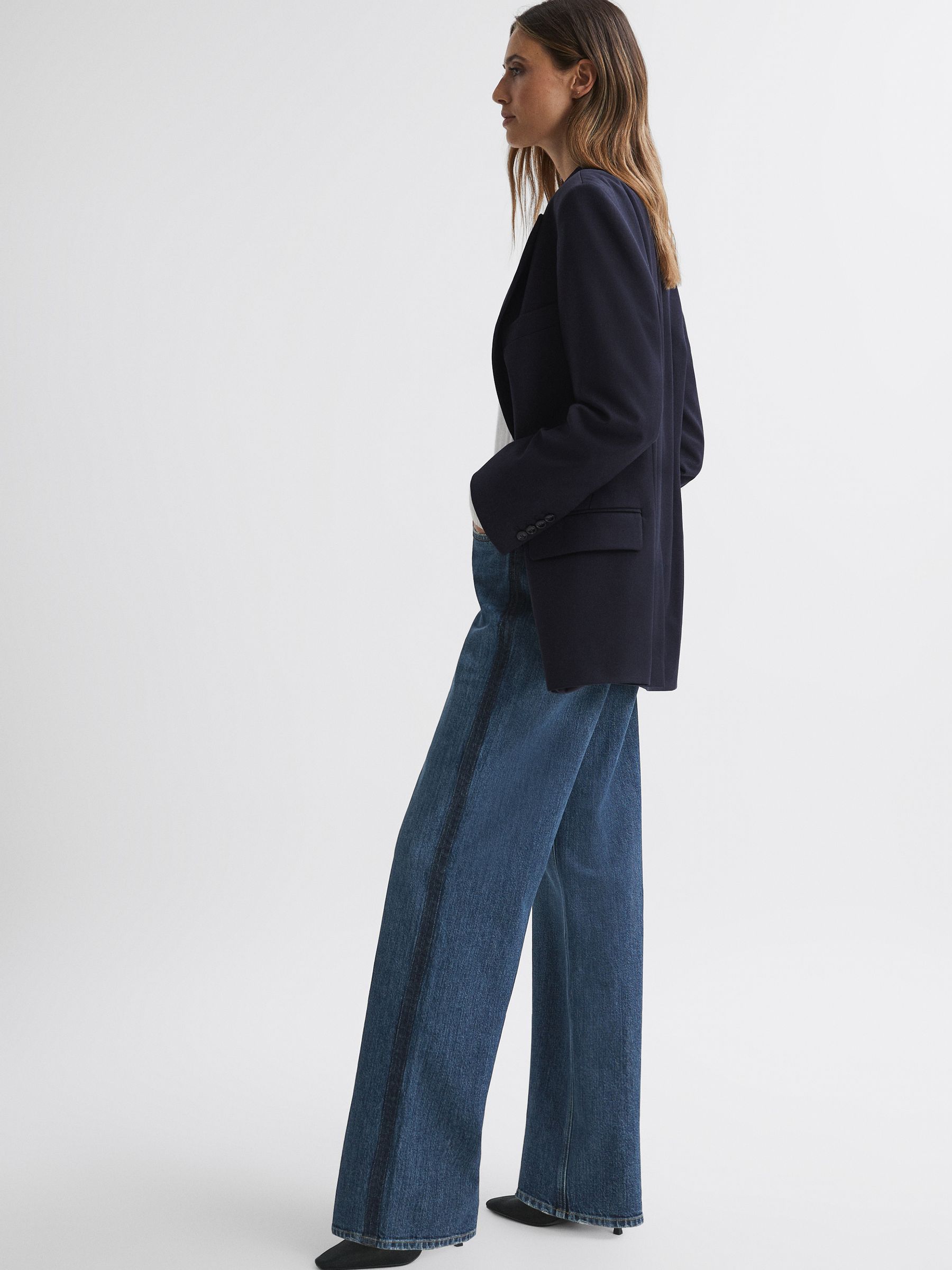 Mid Rise Straight Leg Side Stripe Jeans in Dark Blue - Image 1 of 6 Mid Rise Straight Leg Side Stripe Jeans in Dark Blue - Image 1 of 6