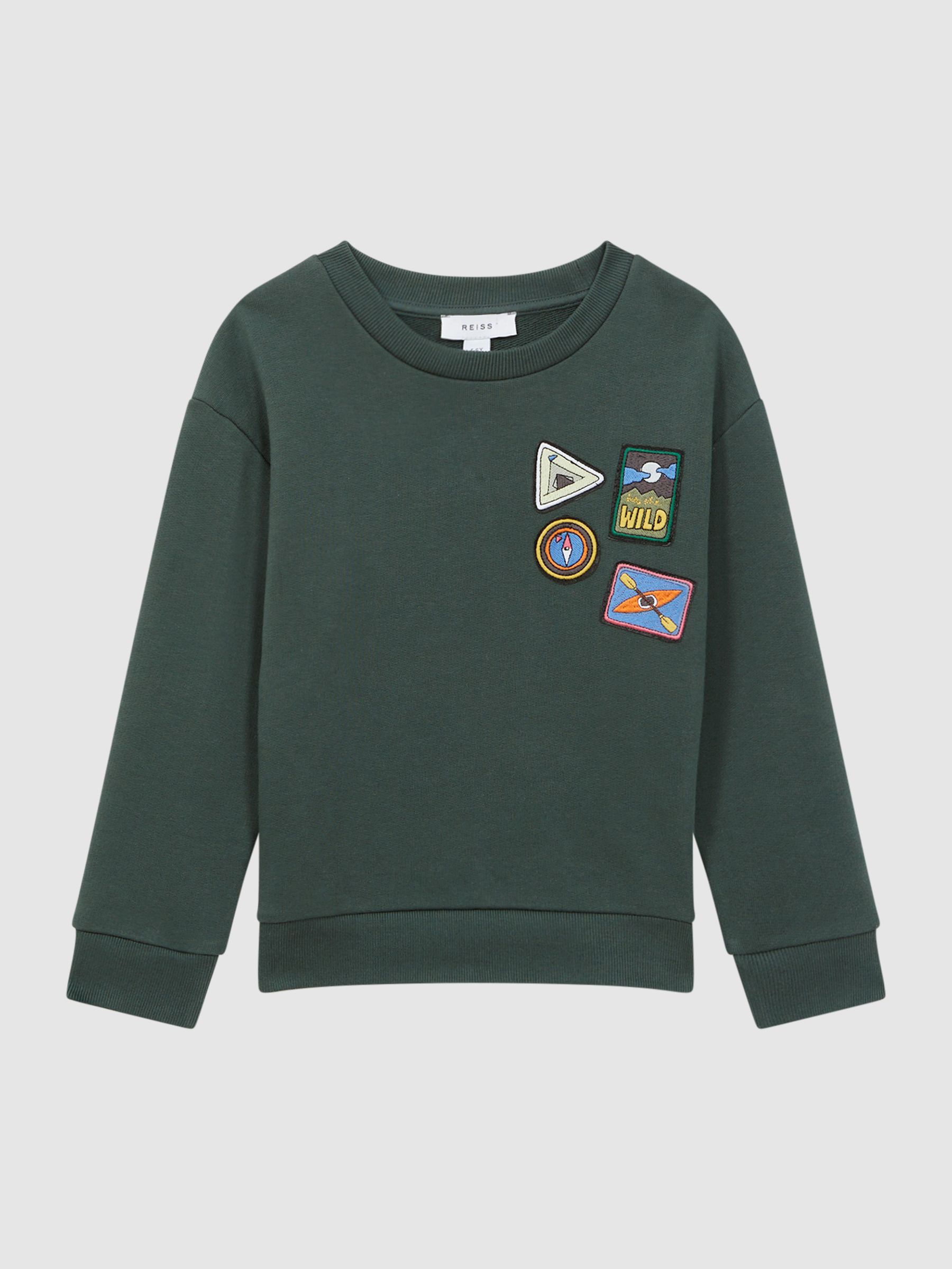 Relaxed Fit Patch Crew Neck Jumper in Forest Green - Image 2 of 6