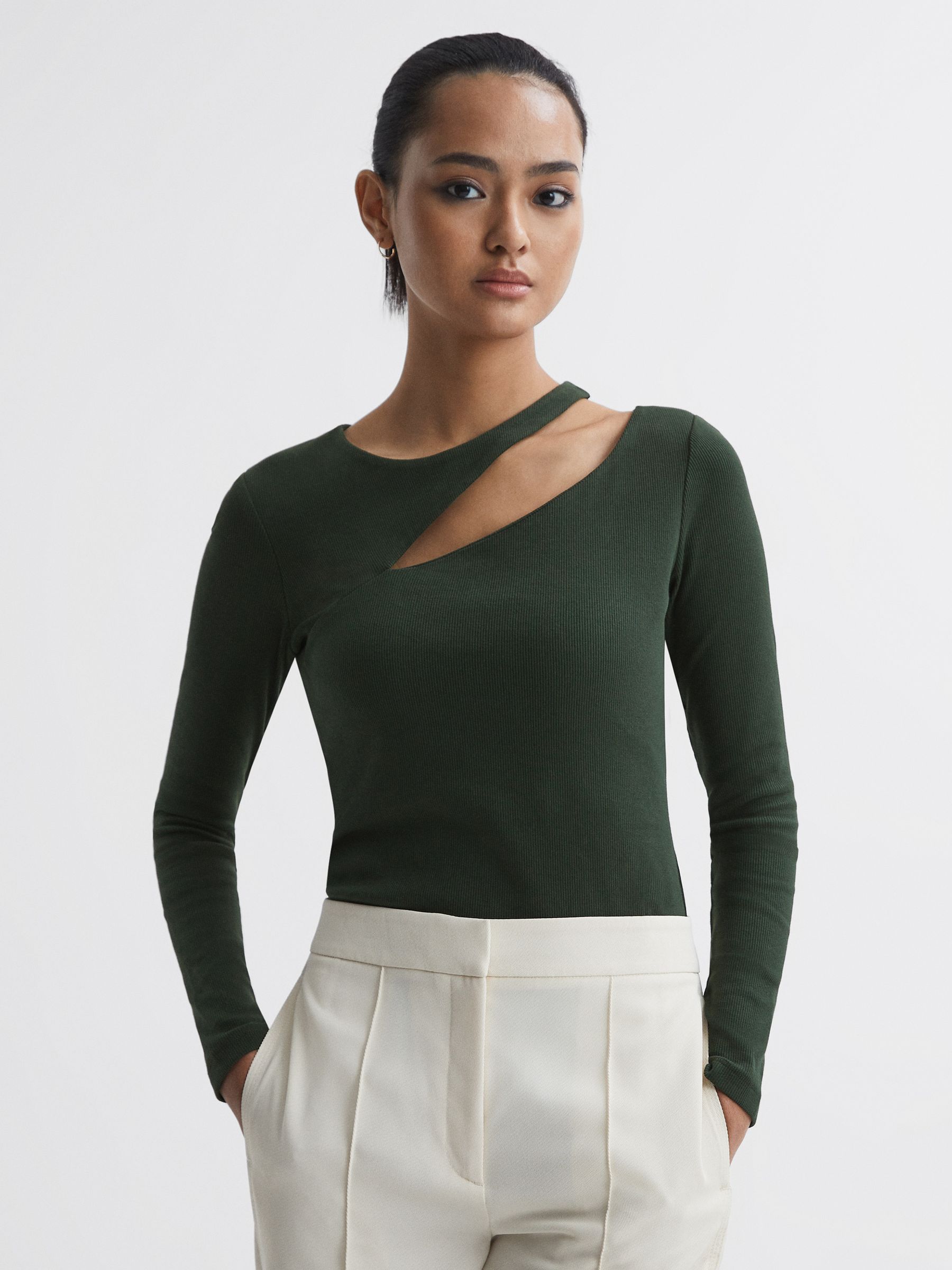 Cotton Cut-Out Long Sleeve Top in Green - Image 1 of 4
