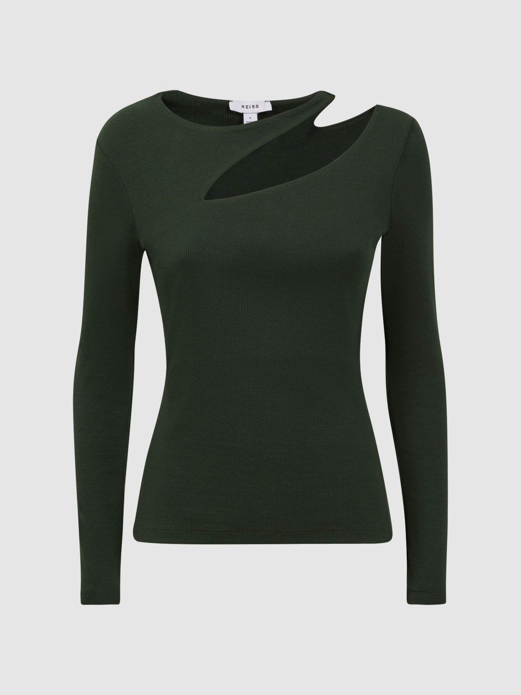Cotton Cut-Out Long Sleeve Top in Green - Image 2 of 4