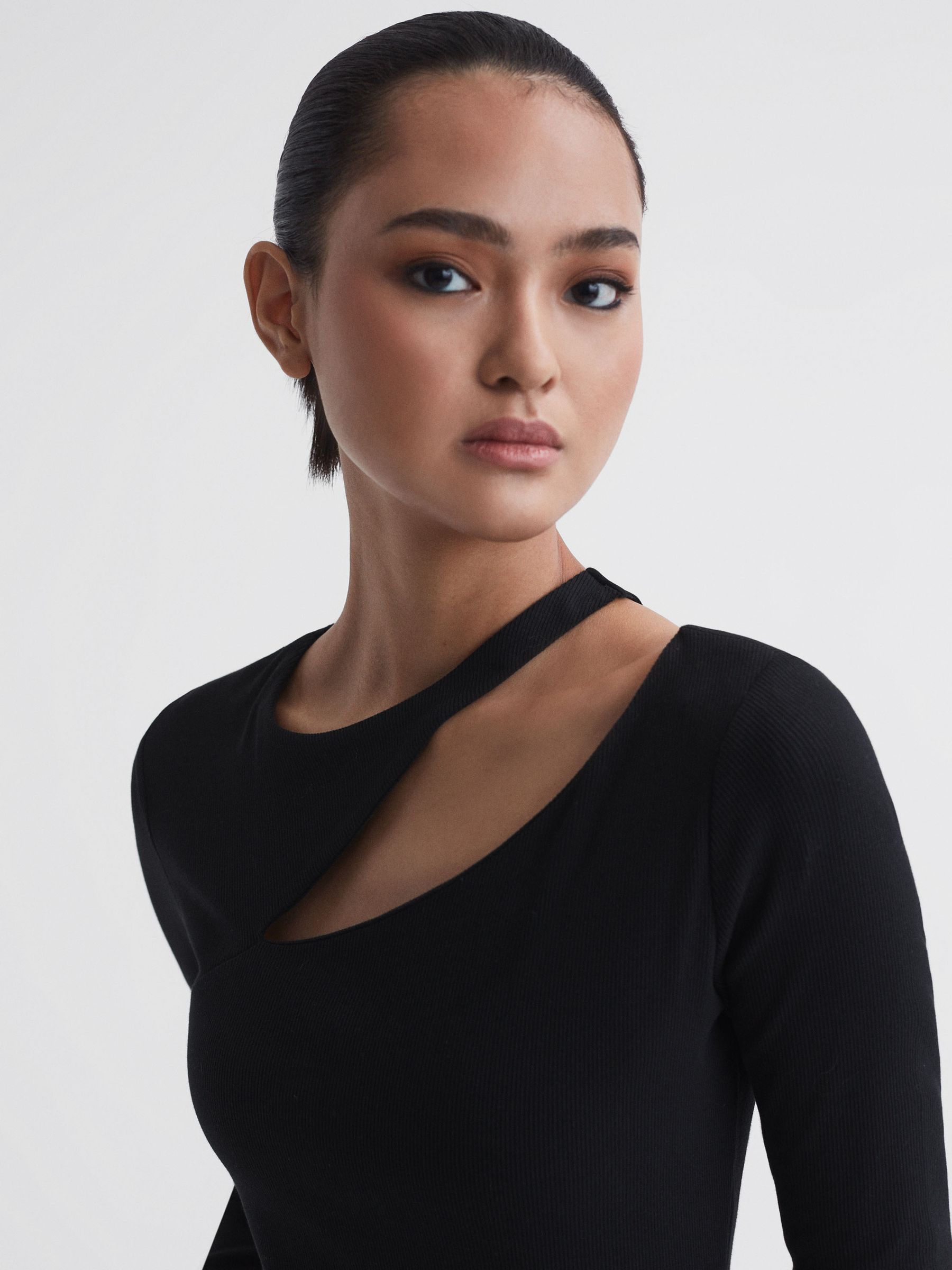 Cotton Cut-Out Long Sleeve Top in Black - Image 1 of 5